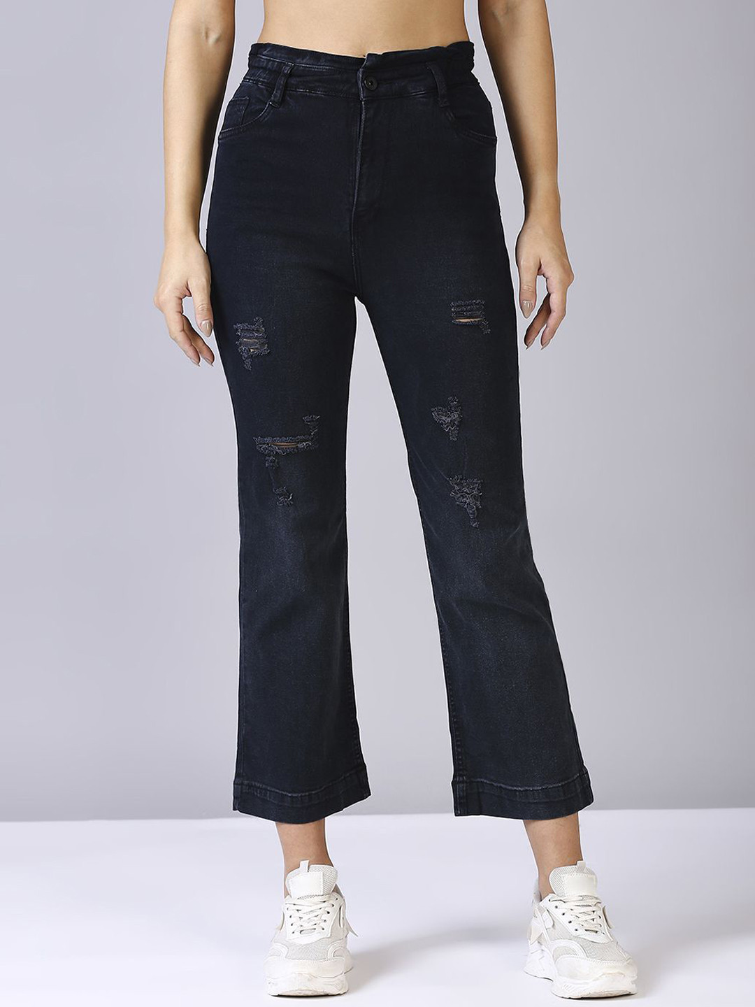 

Blum Denim Women Straight Fit High-Rise Highly Distressed Light Fade Stretchable Jeans, Black