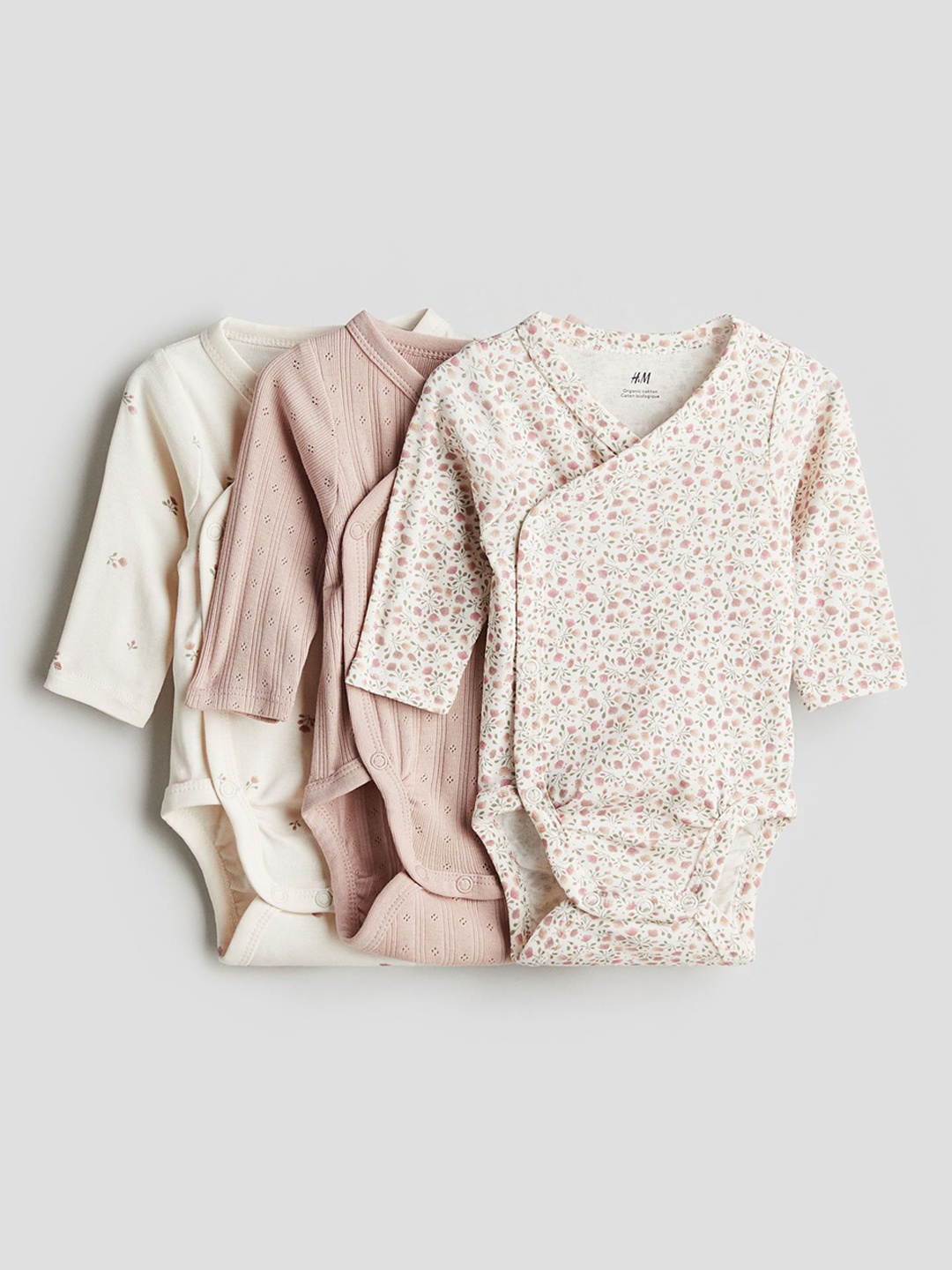 

H&M Infant Boys Pack Of 3 Printed Pure Cotton Wrap Over Bodysuits, Pink