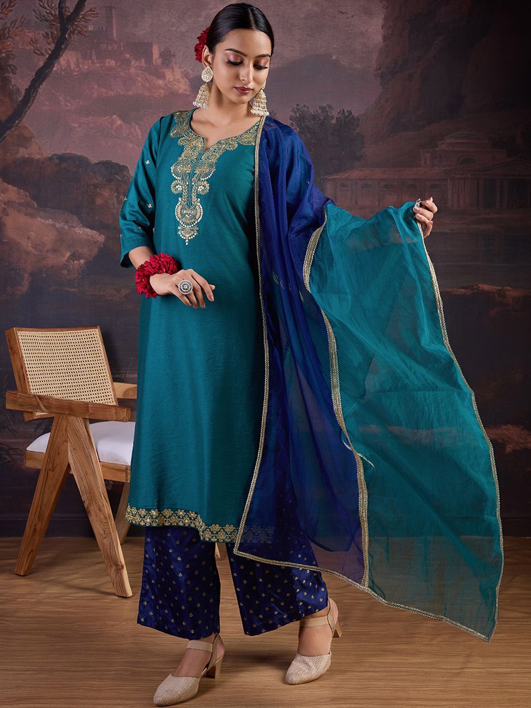 

House of Pataudi Embroidered Kurta Set, Turquoise blue