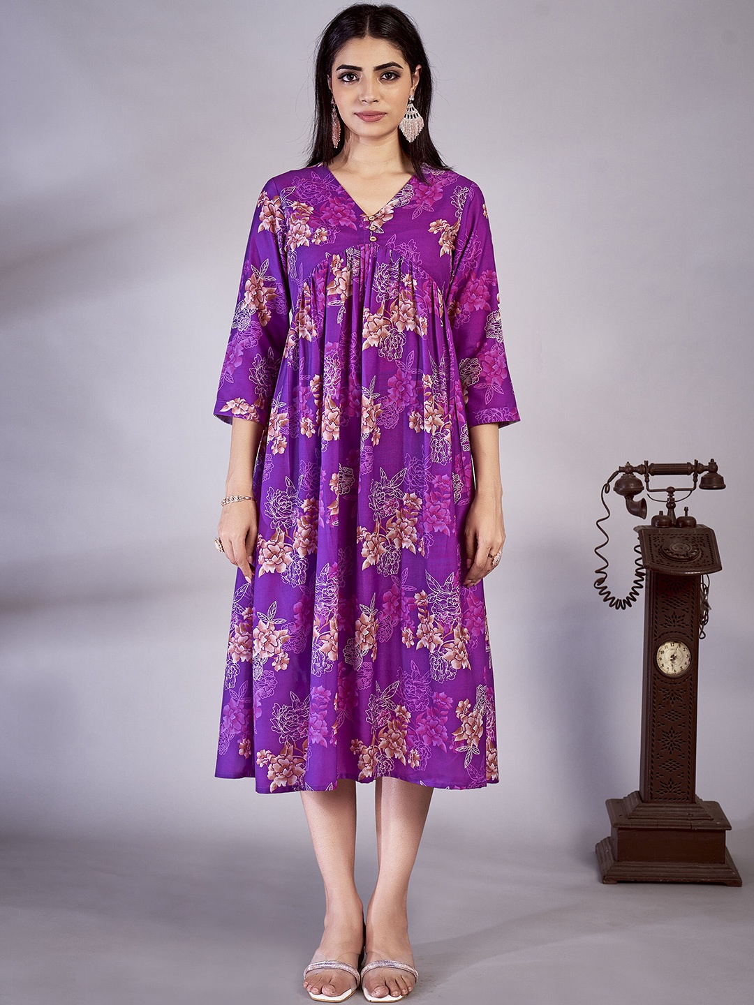 

IWUMAN Floral Printed V-Neck Empire Midi Ethnic Dress, Purple