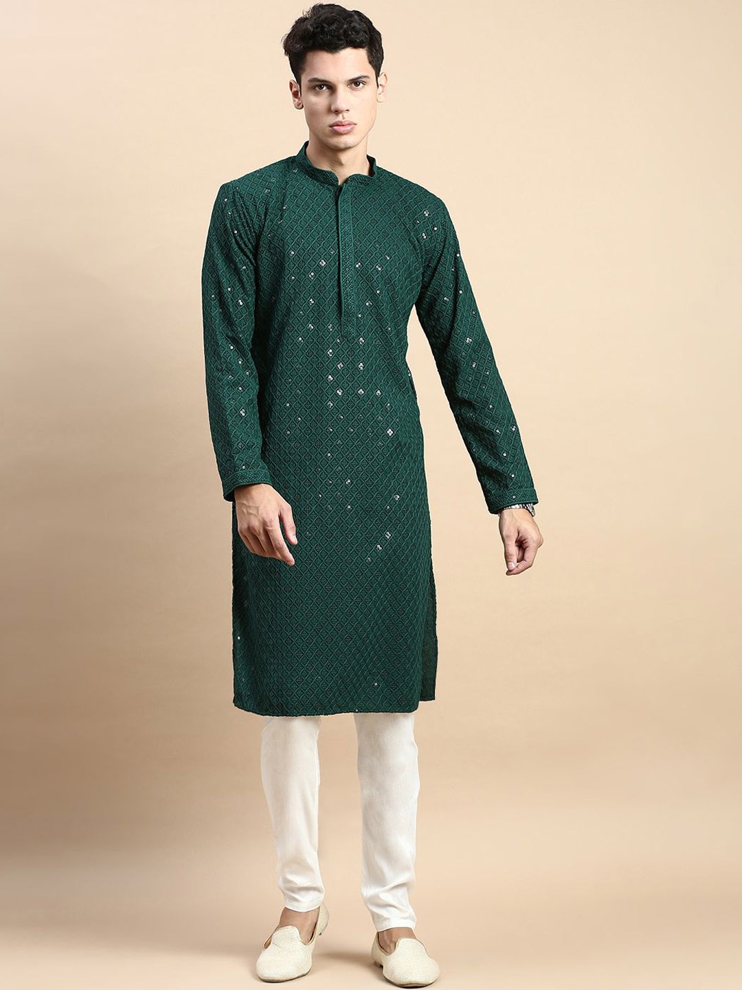 

Rishika Men Ethnic Motifs Embroidered Regular Sequinned Pure Cotton Kurta with Pyjamas, Green