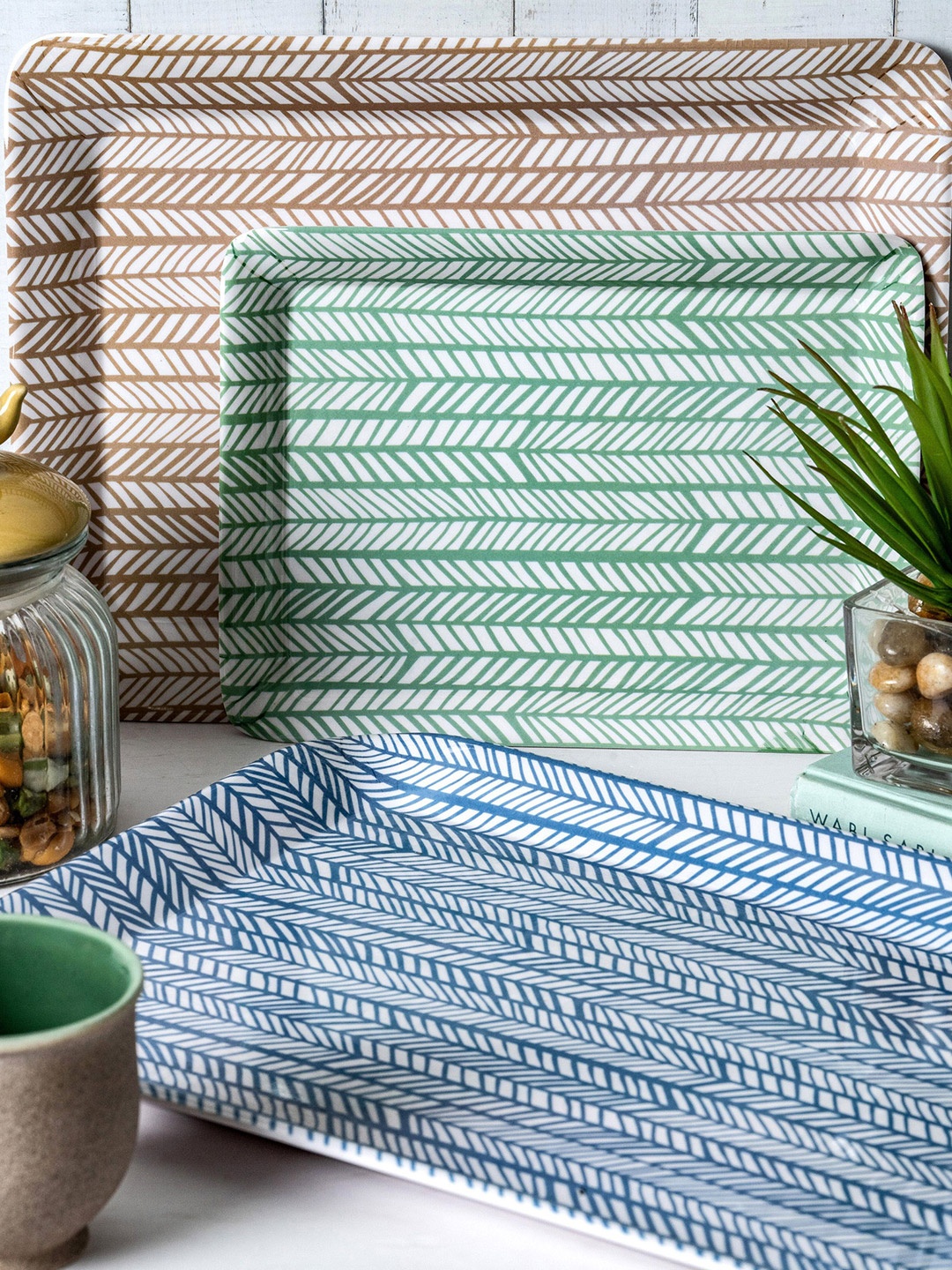 

GOODHOMES Set of 3 Blue & Beige Printed Melamine Rectangular Serving Tray