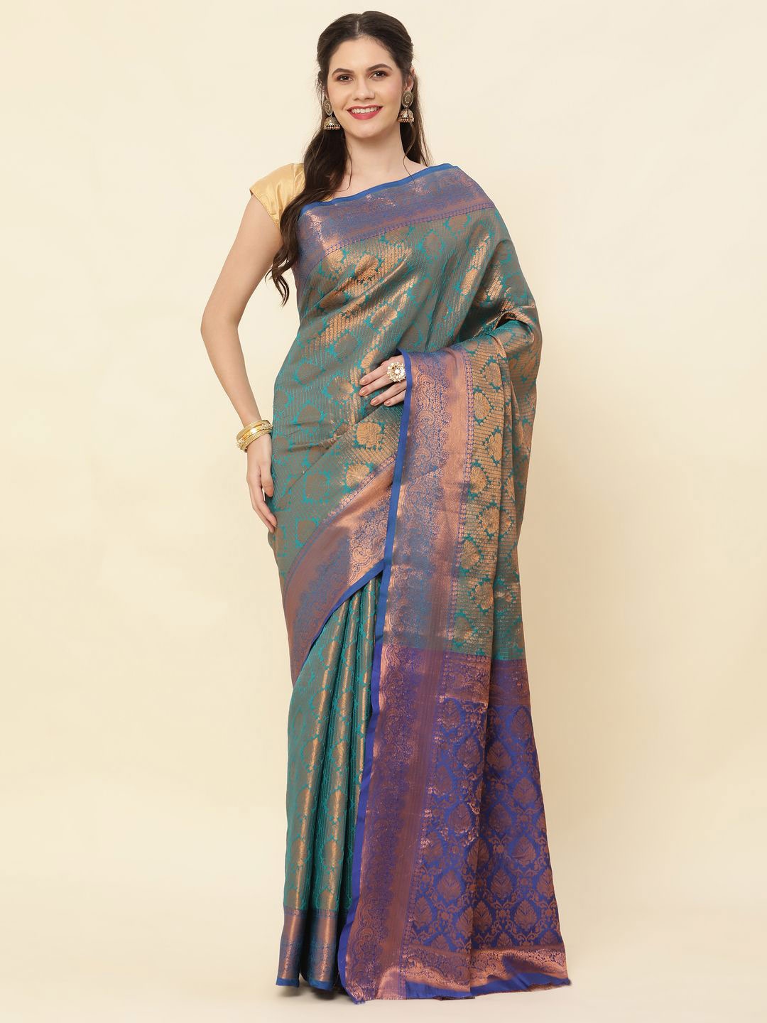 

High Five Tex Woven Design Zari Pure Silk Kanjeevaram Saree, Green