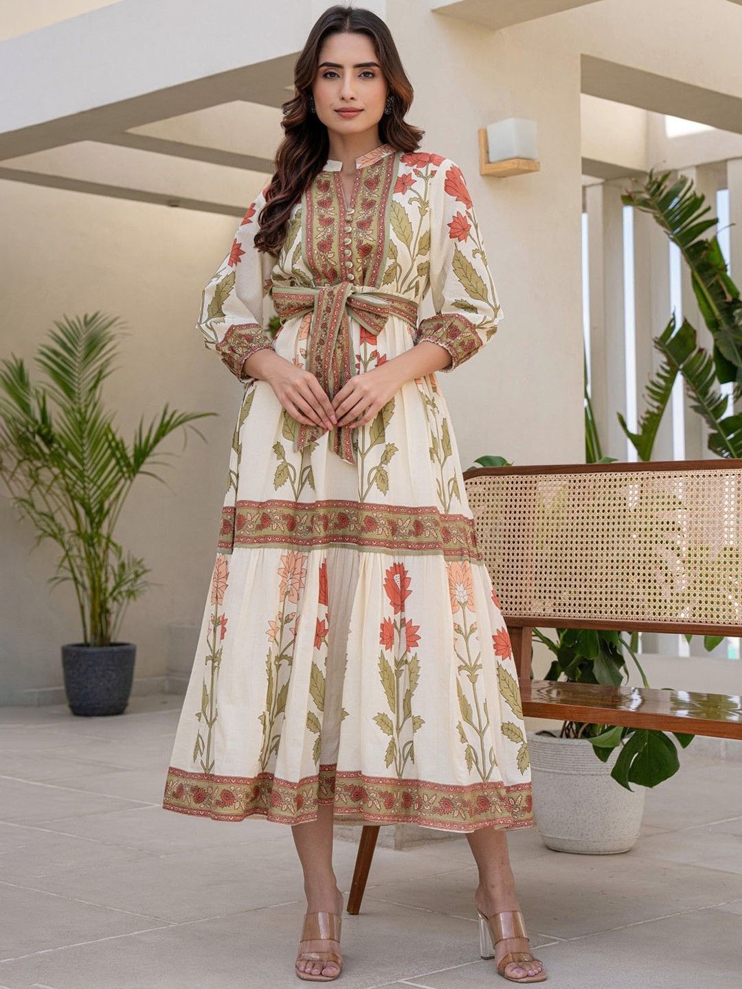 

AUTUMN LANE Women Printed Fit & Flared Cotton Midi Ethnic Dress, White