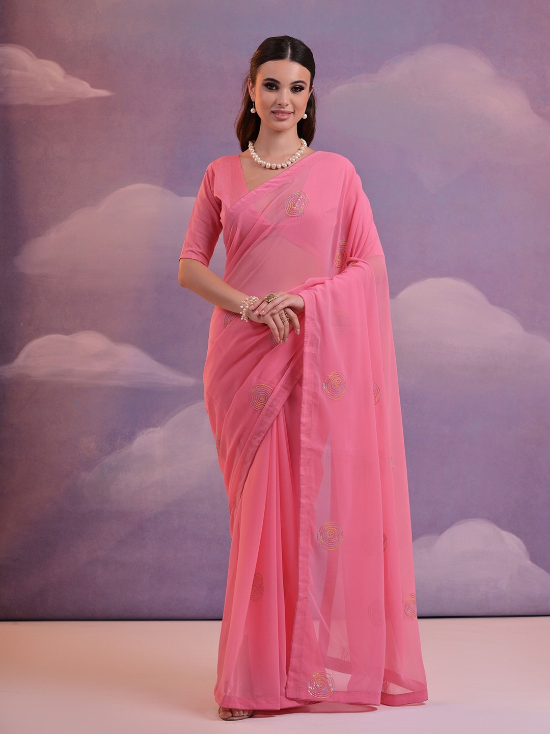 

Globon Impex Embellished Sequinned Pure Georgette Saree, Pink