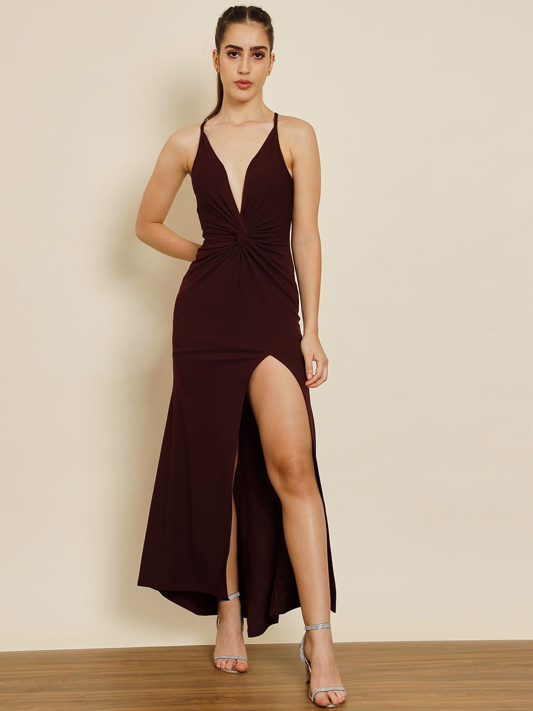 

TANDUL Shoulder Straps Gathered Maxi Dress, Maroon