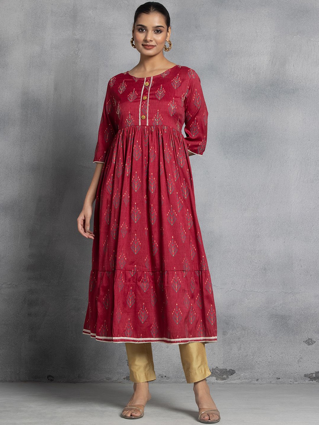 

Rang by Indya Ethnic Motifs Woven Design Pure Cotton Empire Anarkali Kurta, Maroon