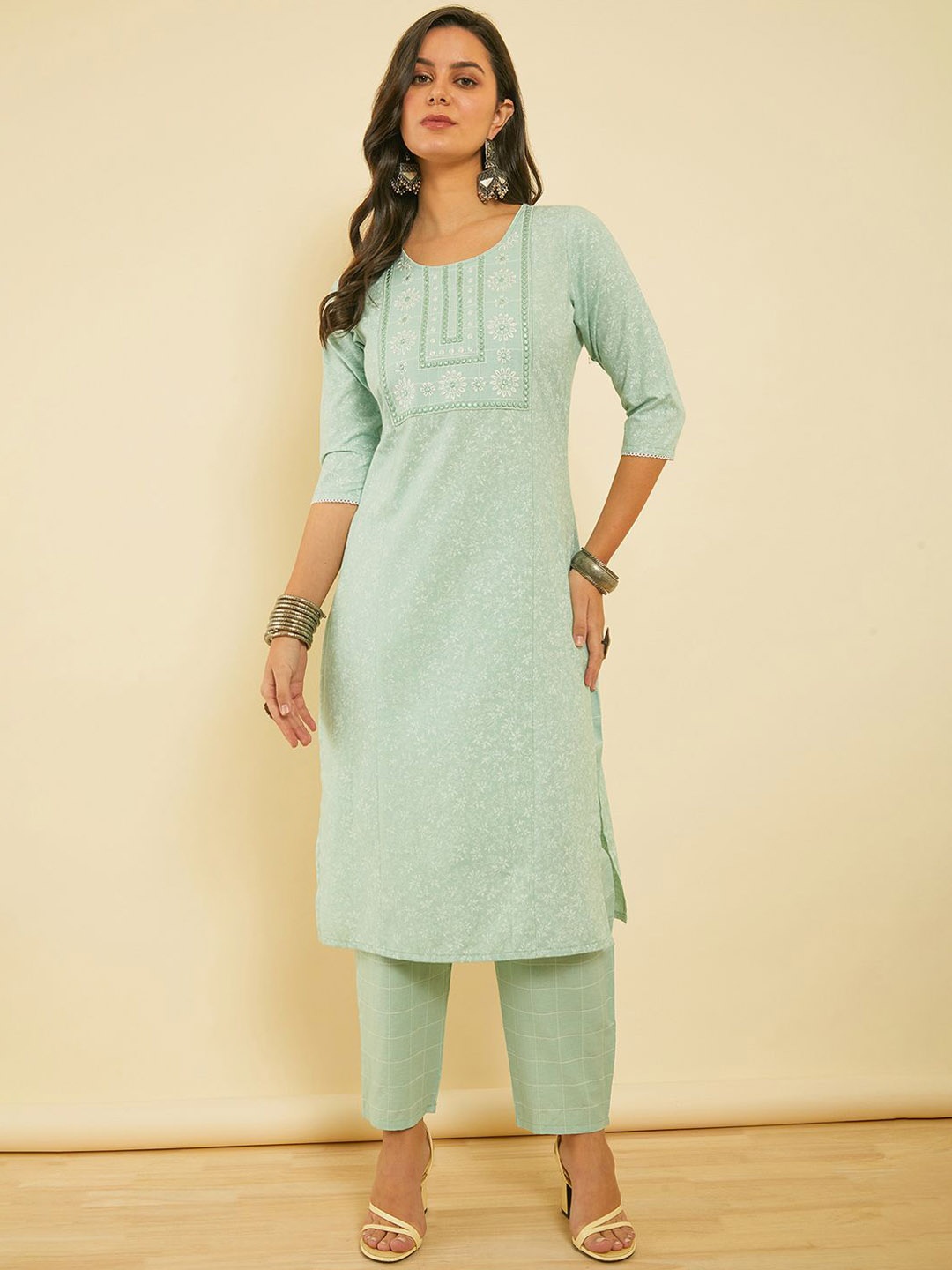 

Soch Women Floral Printed Panelled Mirror Work Kurta with Trousers & With Dupatta, Green