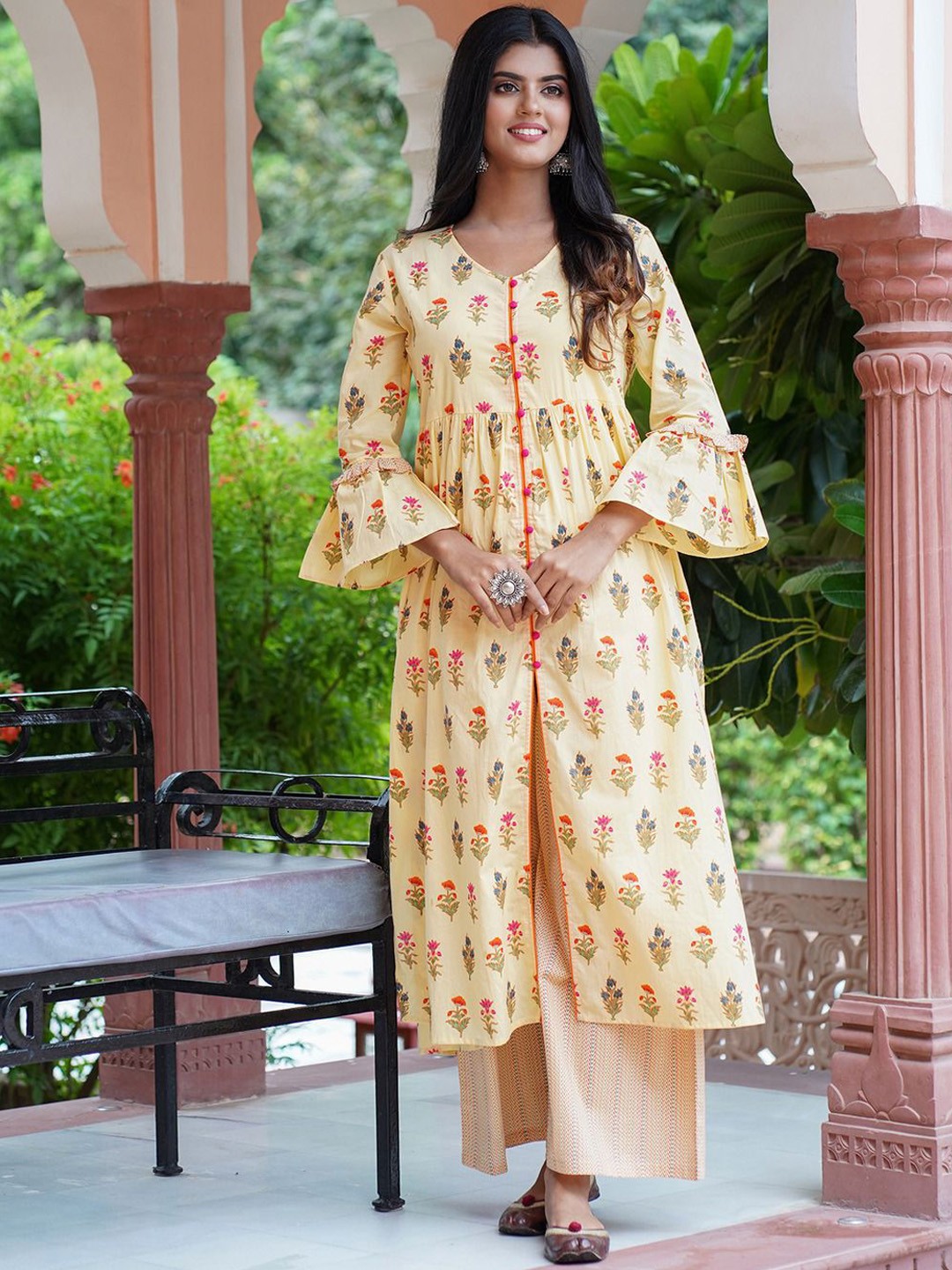 

Anouk Women Floral Printed Regular Pure Cotton Kurta with Palazzos, Yellow