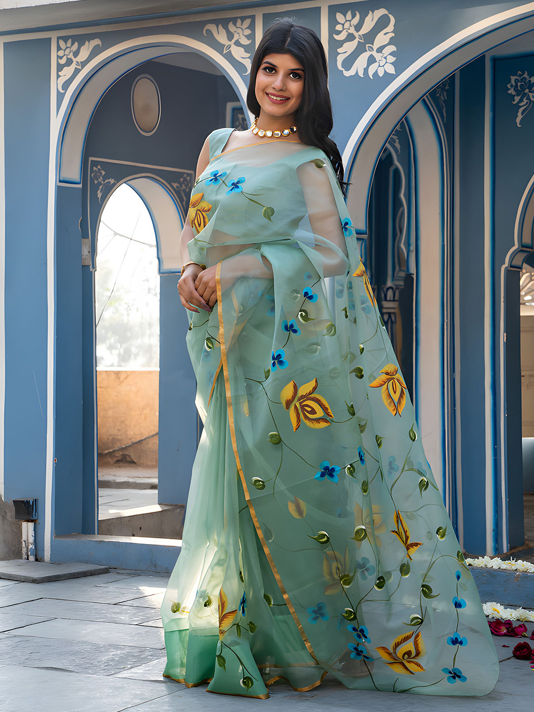 

Anouk Floral Organza Saree, Green