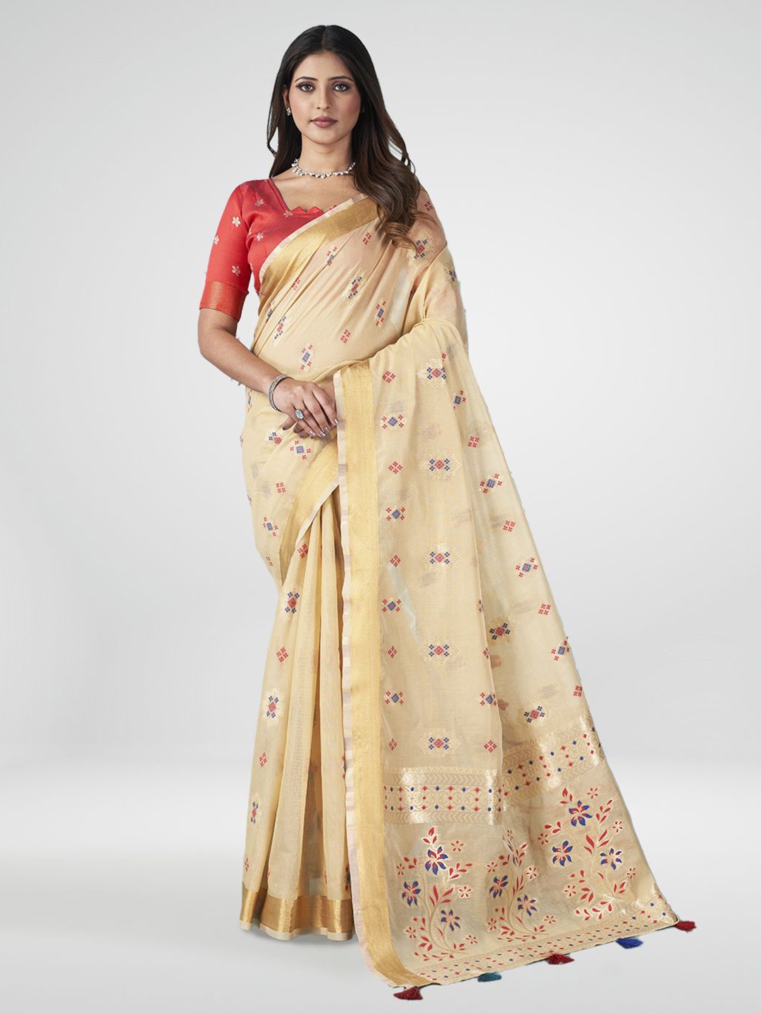 

Aura Ethnic Motif Pure Cotton Tassel Saree, Beige