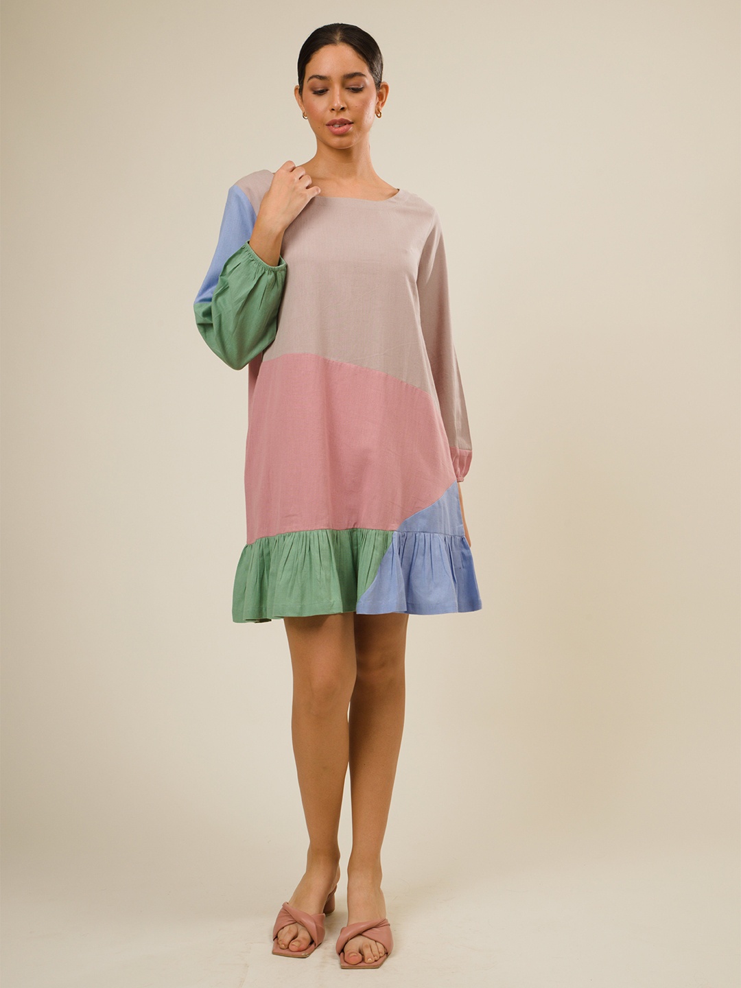 

Doodlage Tie and Dye Colourblocked A-Line Dress, Multi