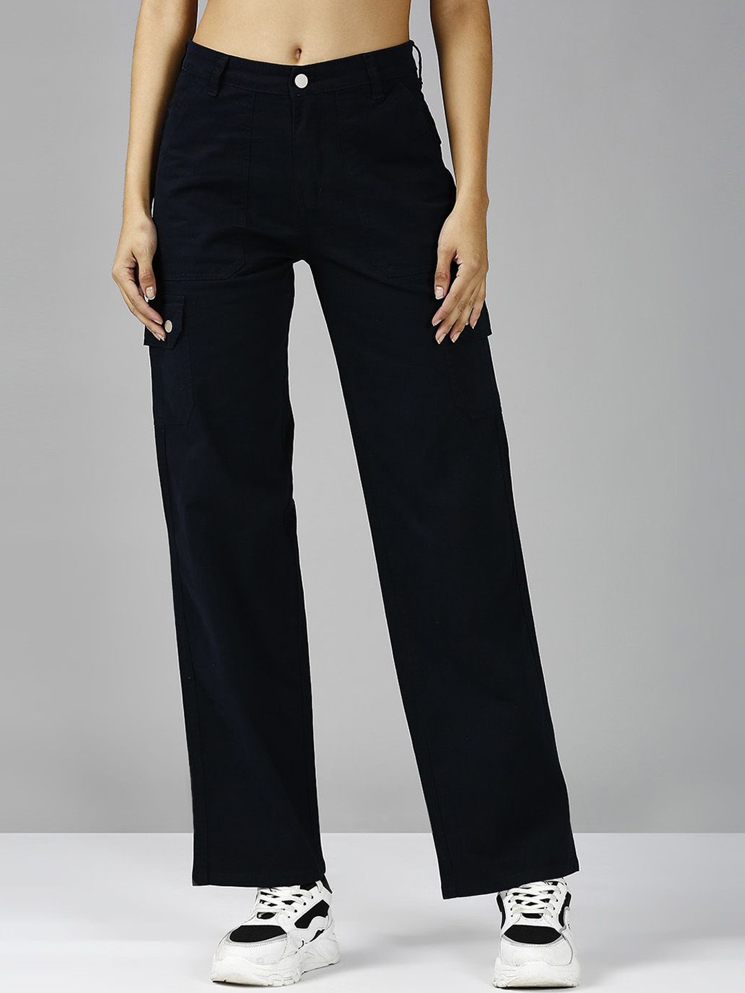 

Blum Denim Women Smart Loose Fit Mid-Rise Cargos Trousers, Navy blue