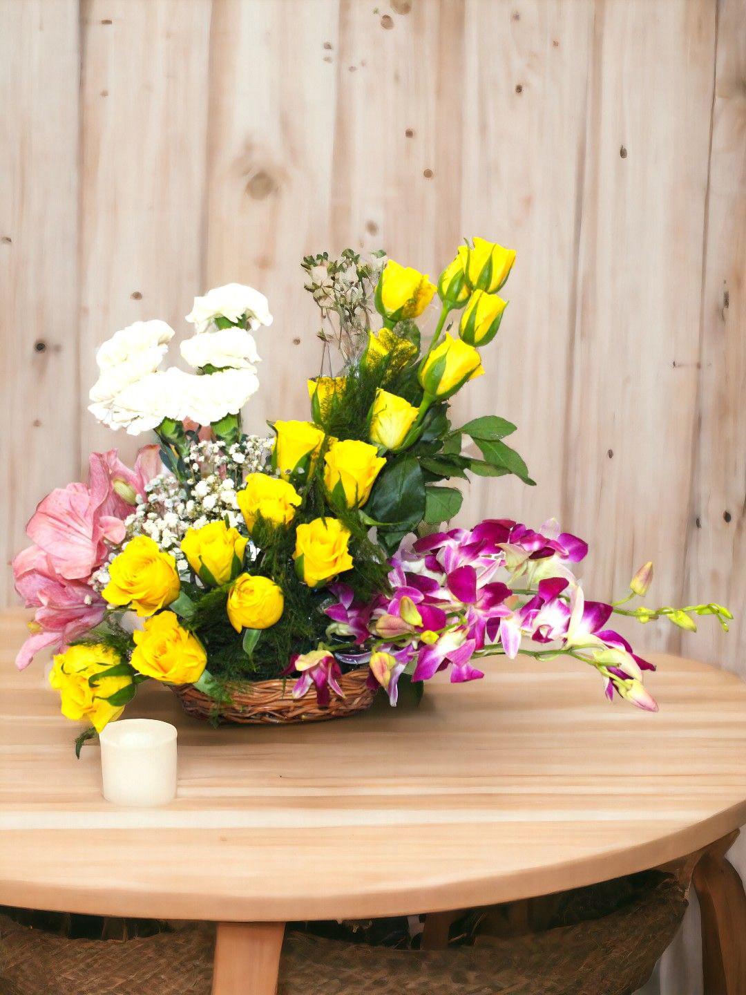 

bettergiftflowers Roses, Orchids, Carnations, And Lilies Fresh Flowers In Basket, Yellow