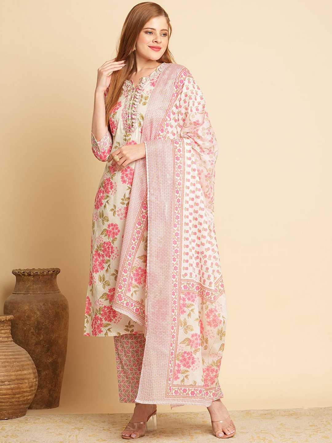 

FASHOR Women Floral Printed Regular Mirror Work Pure Cotton Kurta with Trousers & With Dupatta, Pink