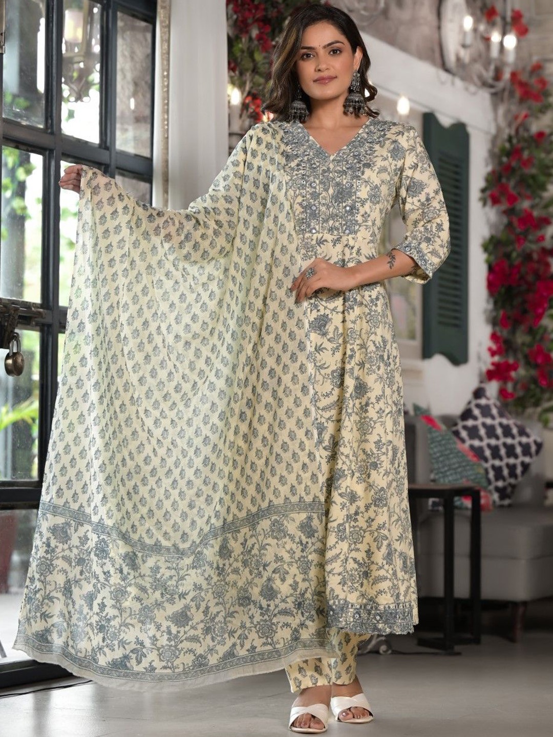 

Juniper Women Floral Printed Regular Mirror Work Kurta with Trousers & With Dupatta, Beige
