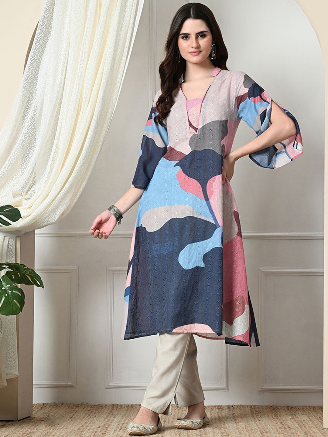 

Myshka Women Striped Flared Sleeves Sequinned Kurta, Multi