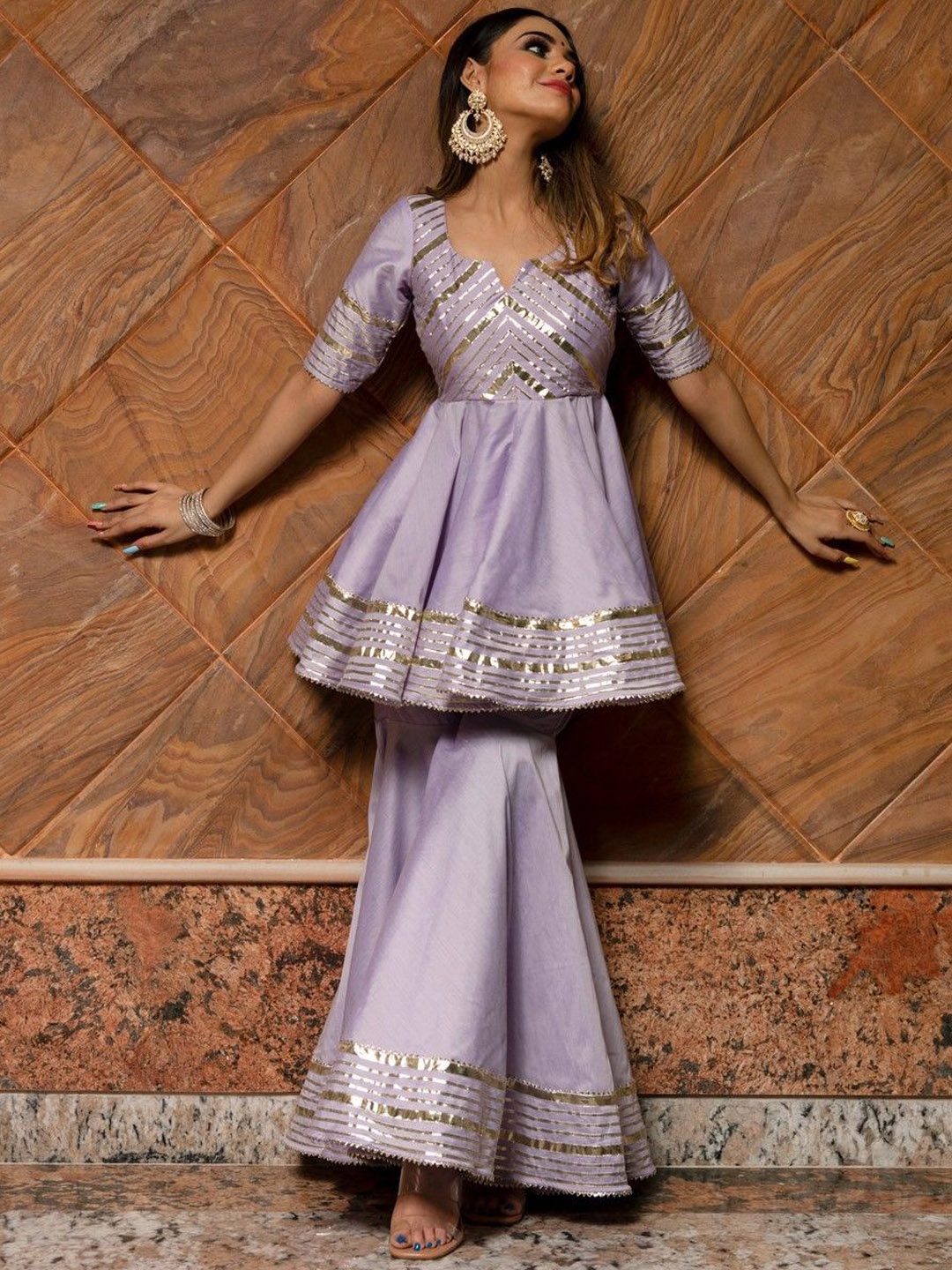 

Pomcha Women Regular Kurta with Sharara & With Dupatta, Lavender