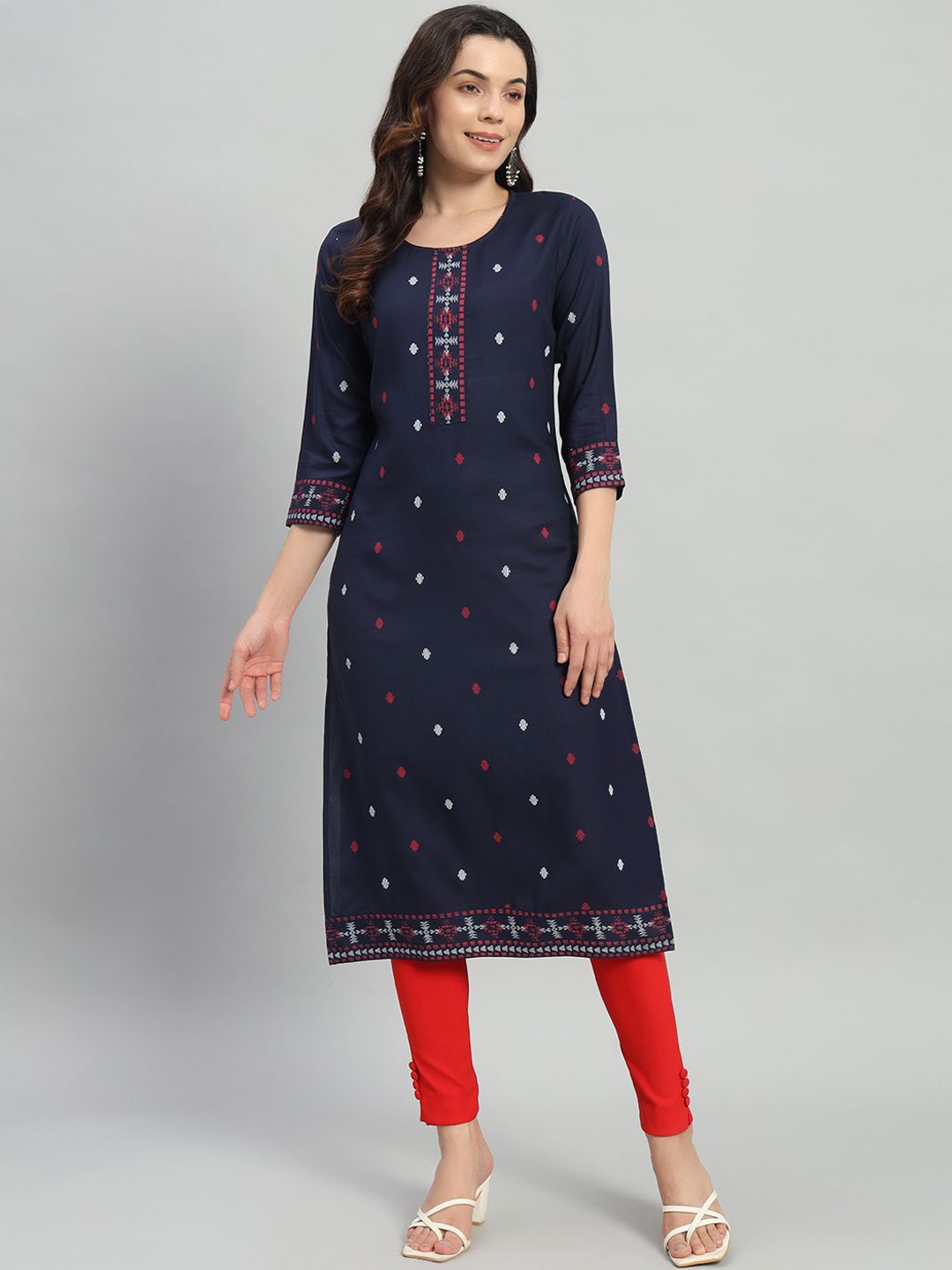 

ASHRU Women Geometric Embellished Keyhole Neck Flared Sleeves Mirror Work Floral Kurta, Navy blue