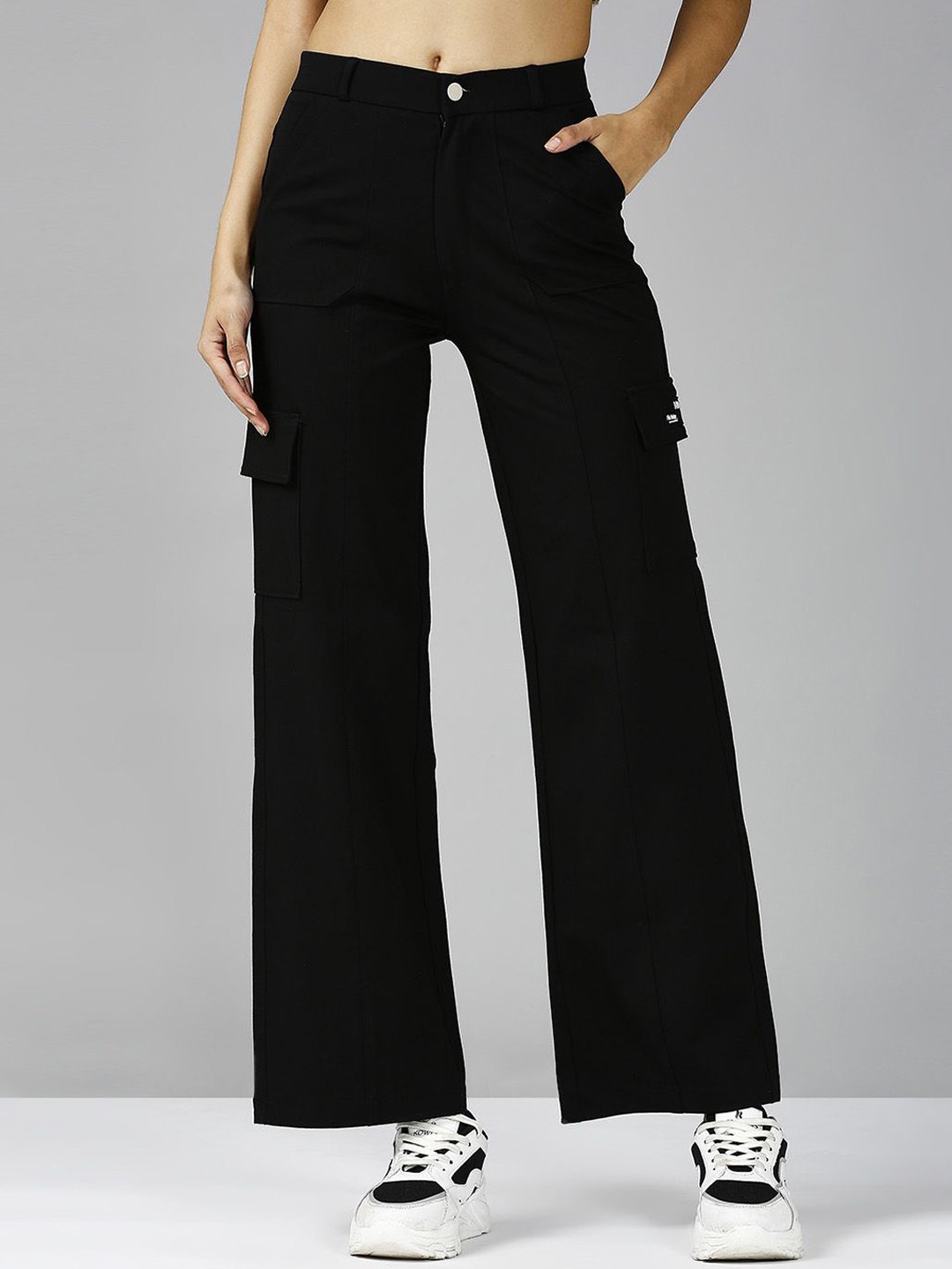 

Blum Denim Women Straight Fit High-Waist Cargo Trousers, Black