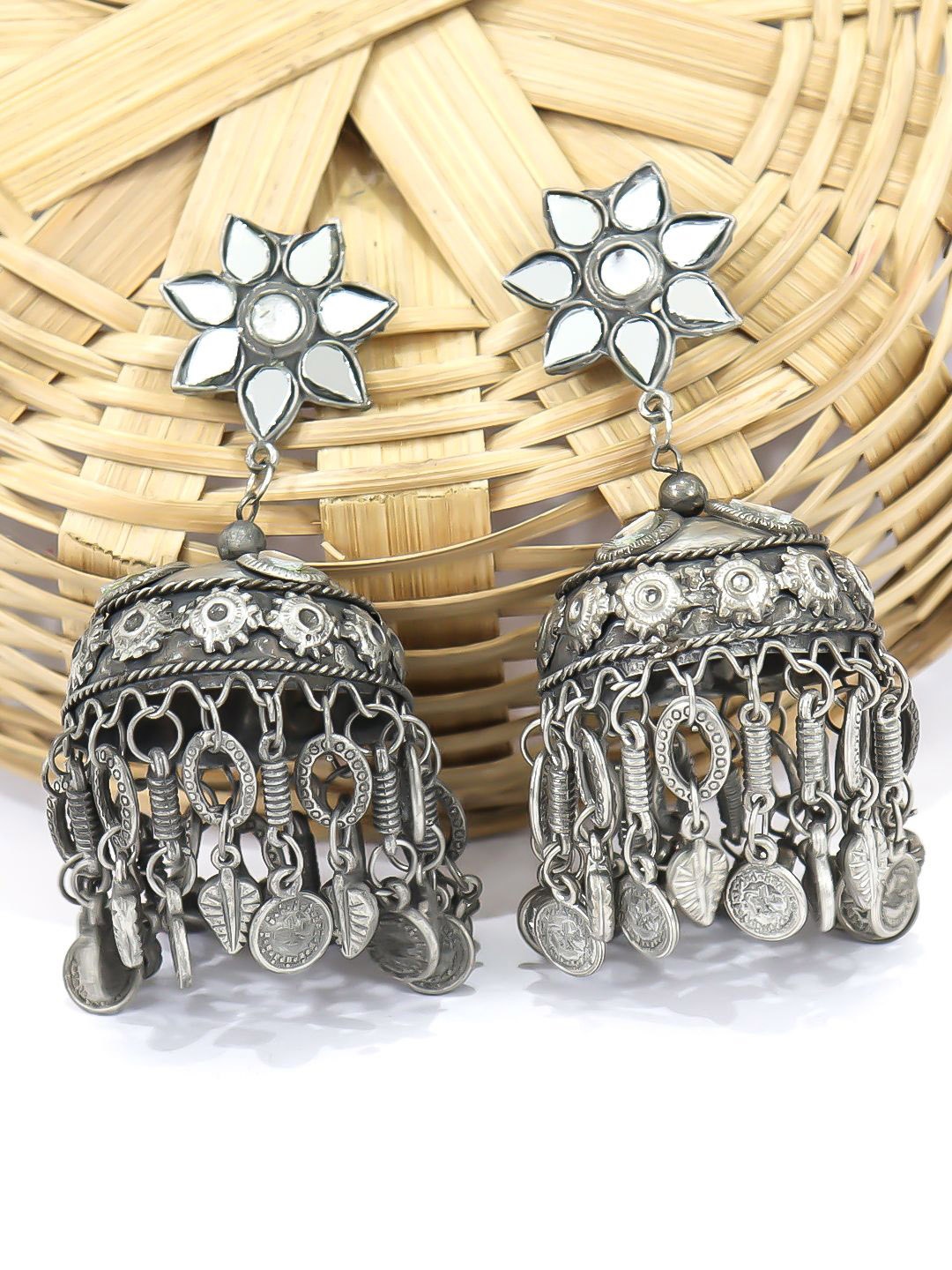 

FIMBUL Silver-Plated Mirror Work Oxidised Contemporary Jhumkas