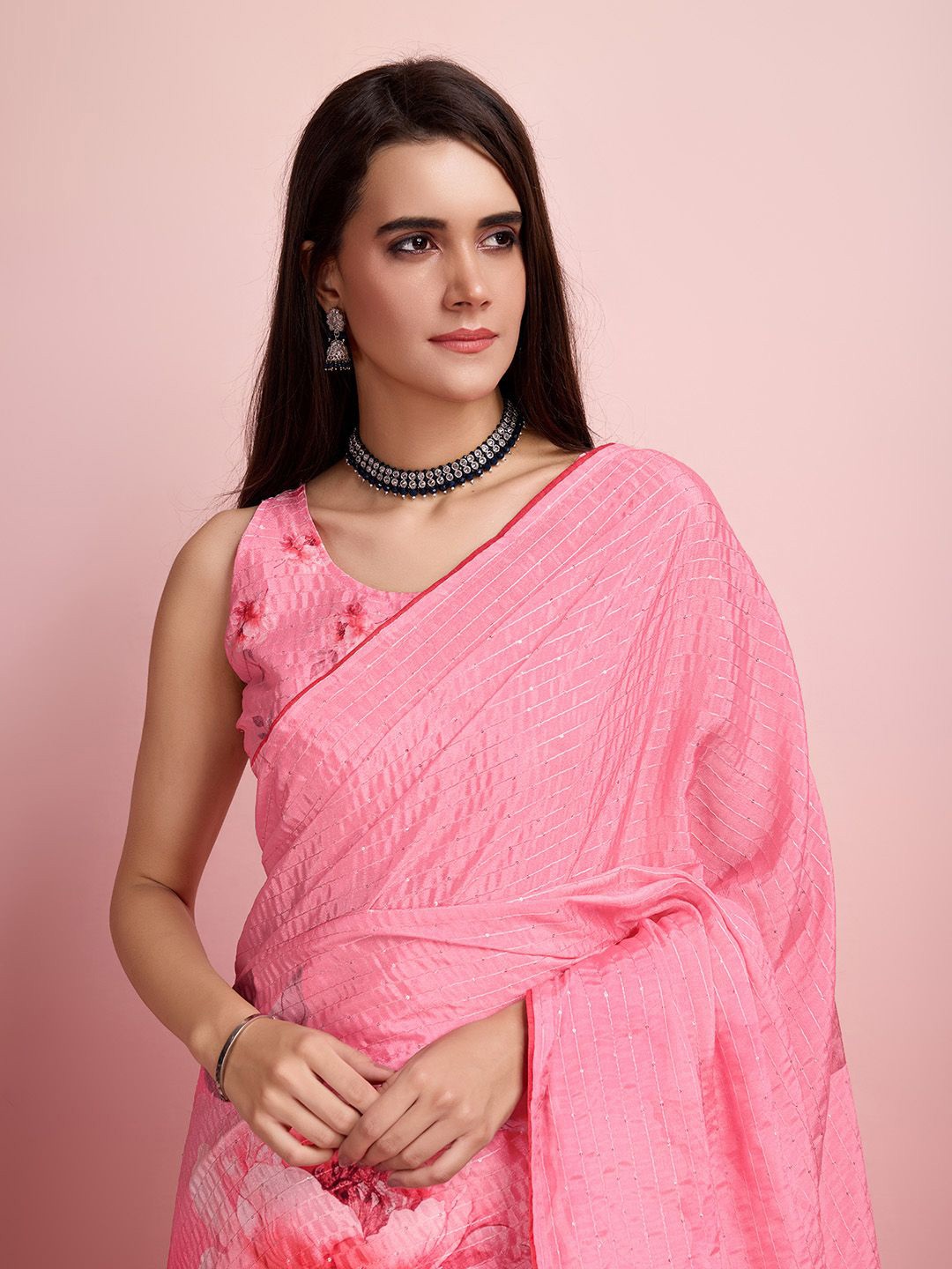 

Mitera Embroidered Striped Saree, Pink