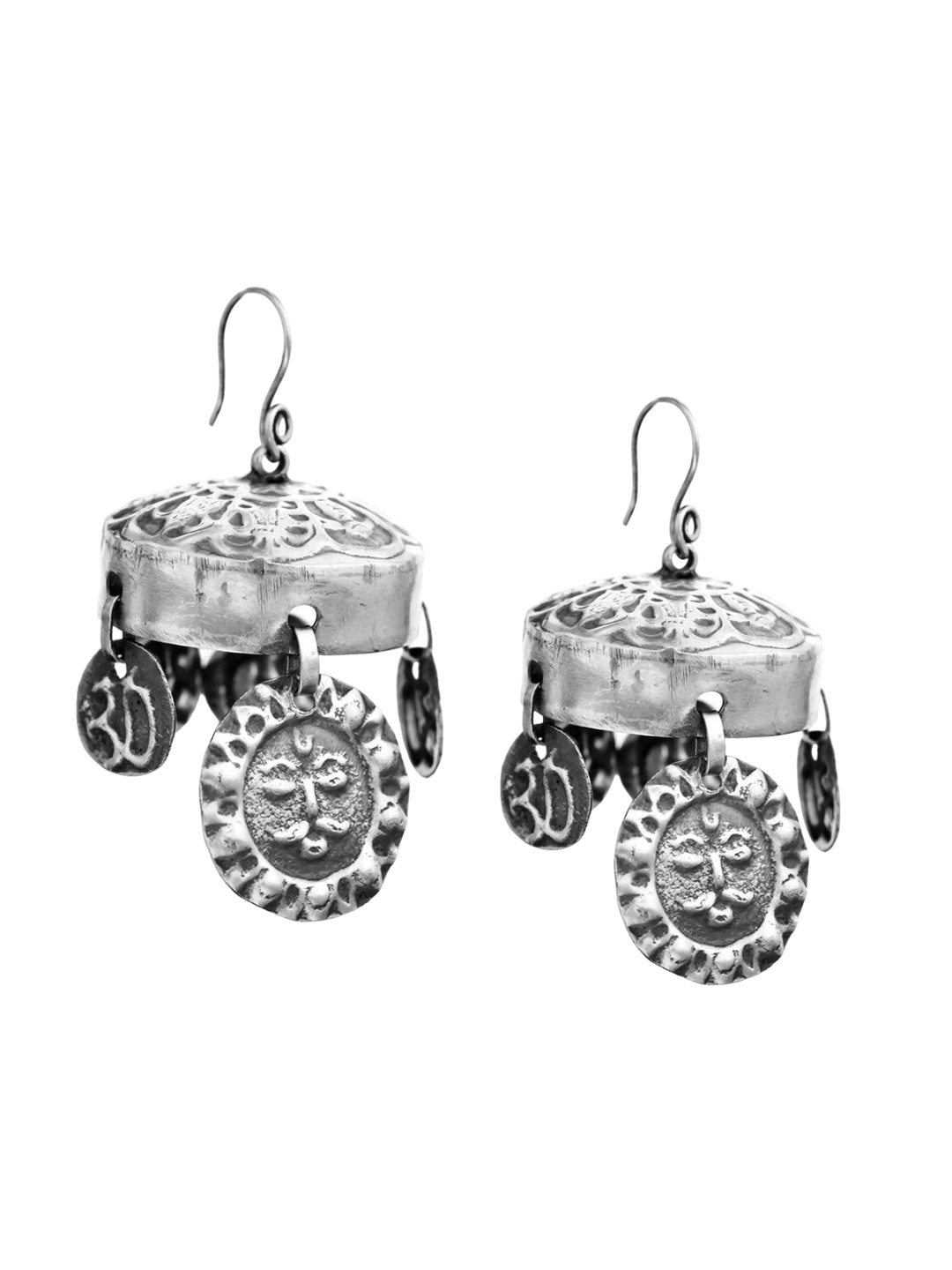 

Exotic India OM (AUM) and Surya Umbrella Chandeliers Sterling Silver Earrings
