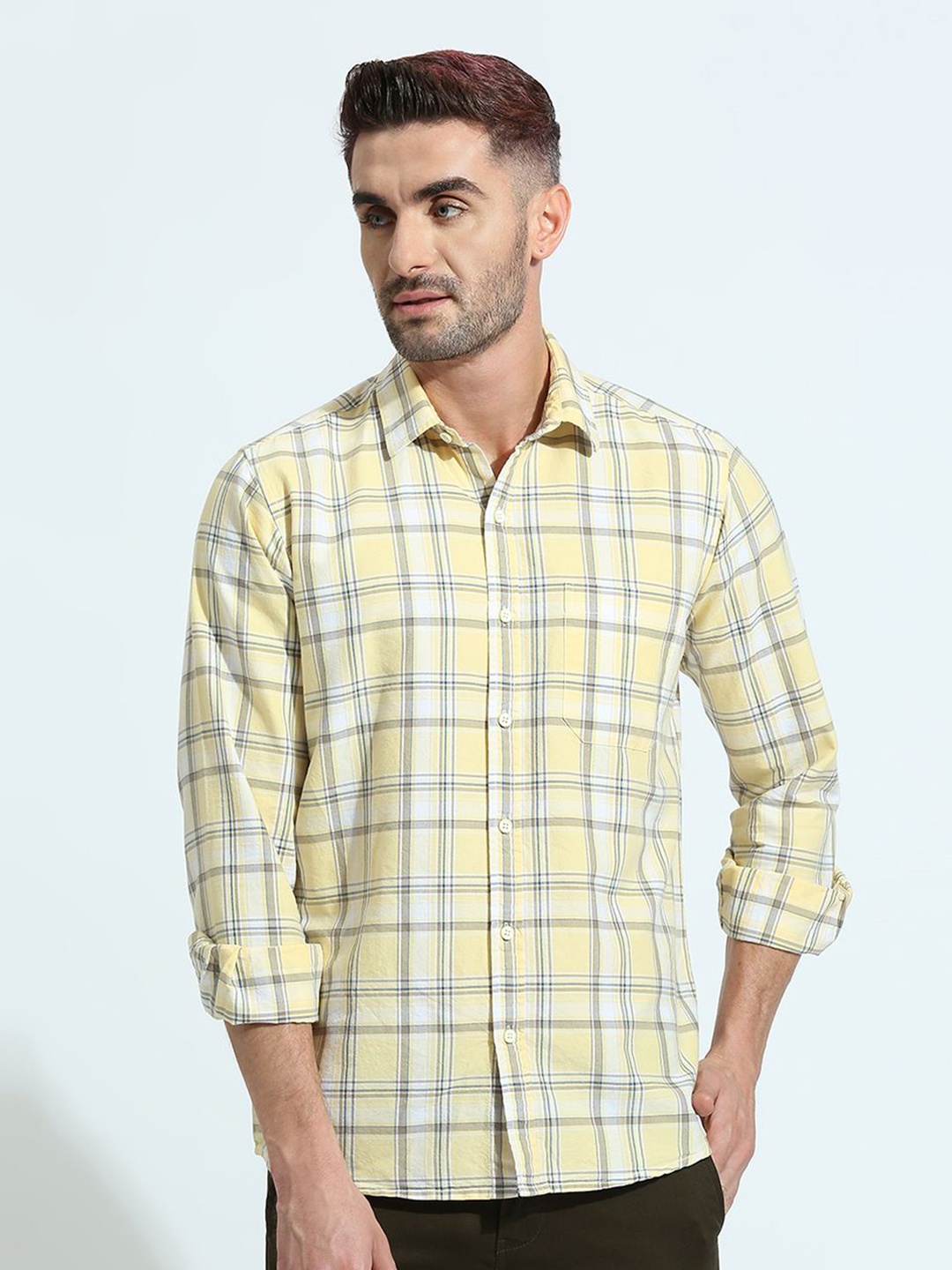 

Klub Fox Men Spread Collar Tartan Checked Cotton Slim Fit Casual Shirt, Yellow