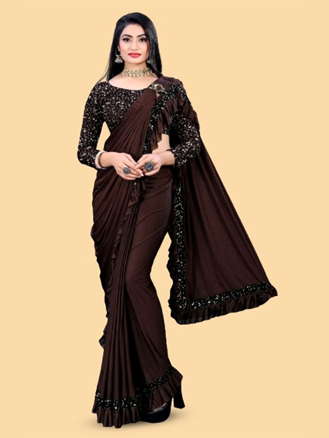 

LADY SHOPI Sequinned Ready to Wear Saree, Coffee brown