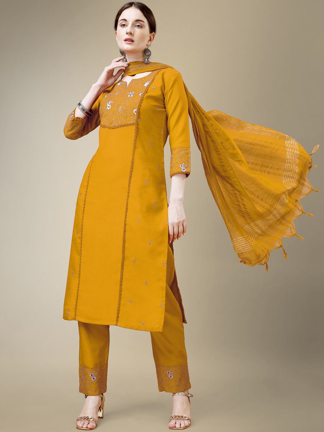 

Rujave Women Paisley Embroidered Regular Sequinned Kurta with Trousers & With Dupatta, Yellow