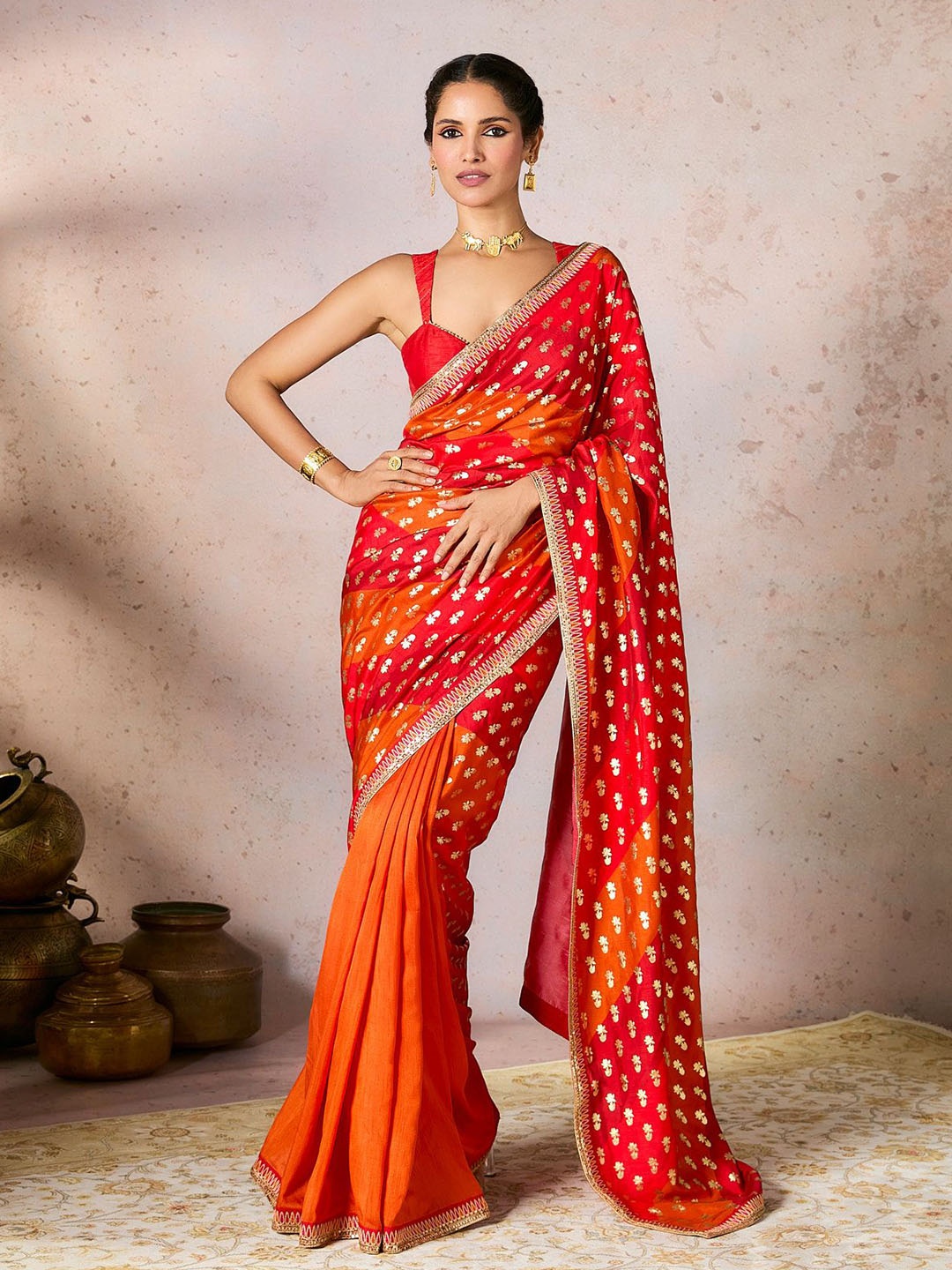 

Masaba Floral Sequinned Pure Silk Saree, Rust