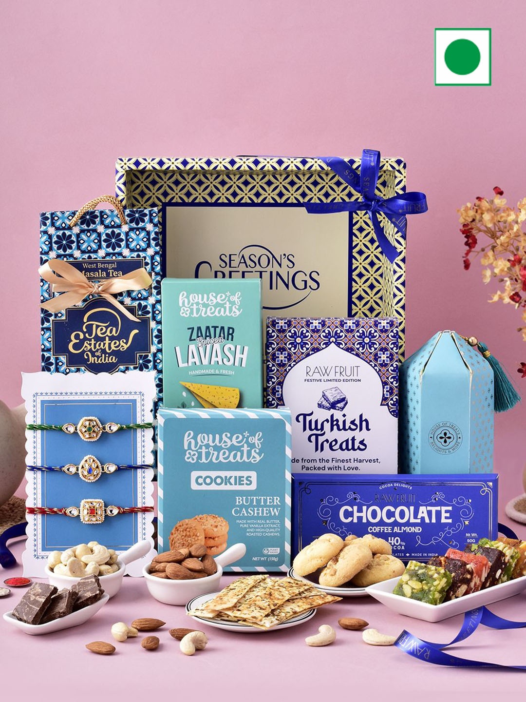 

RawFruit 3-Pcs Bhaiya Bhabhi Rakhi With Dry Fruits & Chocolate & Roli Chawal Gift Set, Blue