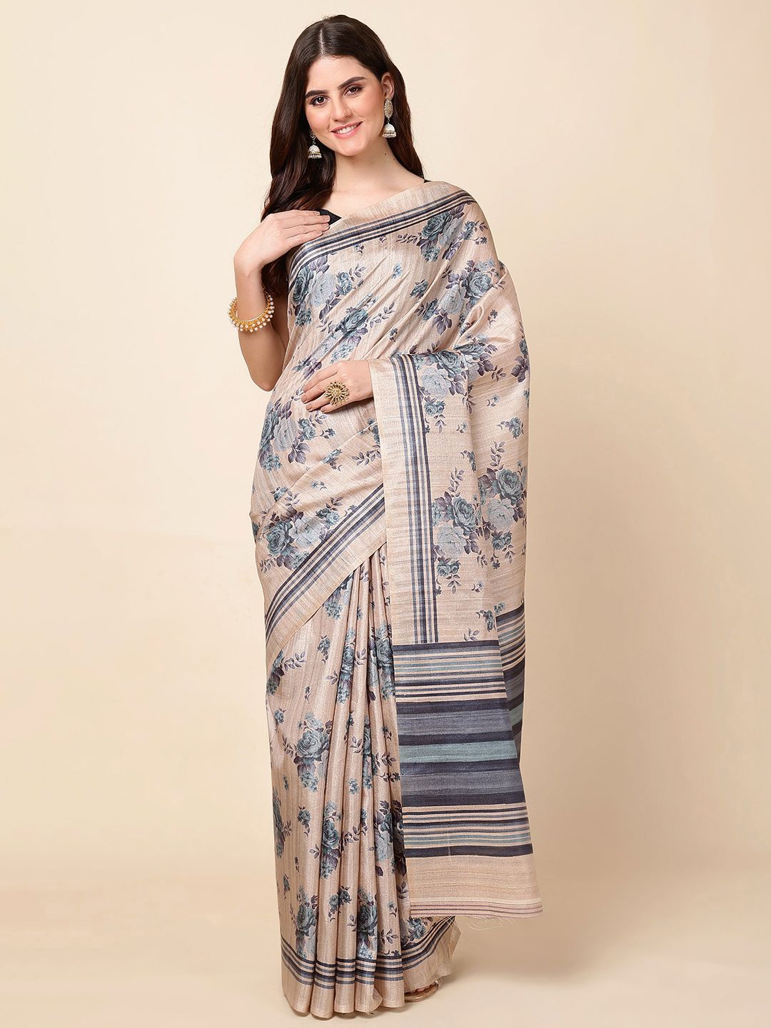 

Meena Bazaar Floral Striped Tussar Saree, Beige