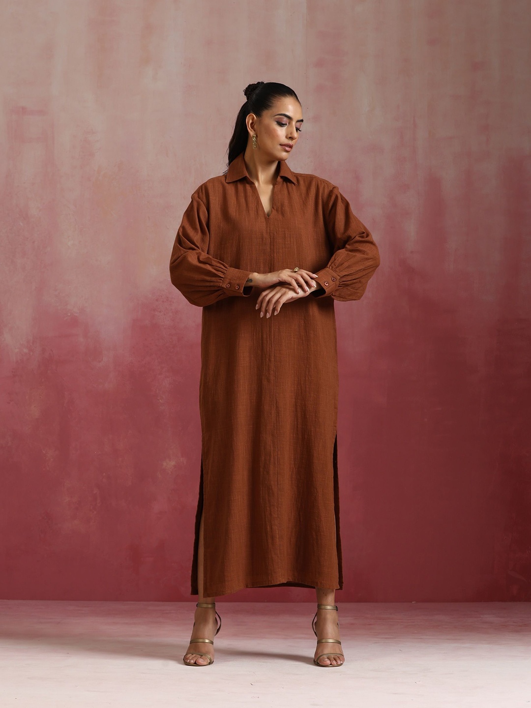 

trueBrowns Puff Sleeve A-Line Maxi Dress, Brown