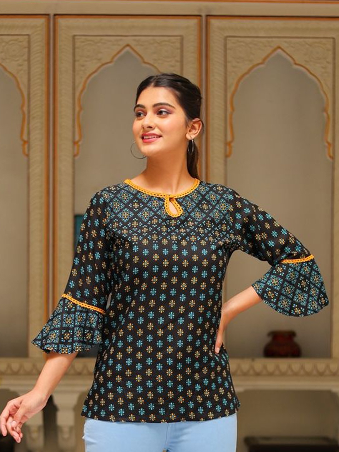 

KALINI Floral Print Top, Black