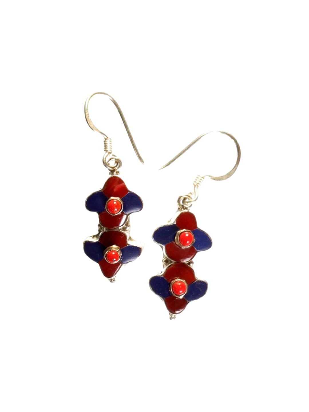 

Exotic India Coral Gemstone Sterling Silver Inlay Nepalese Earrings