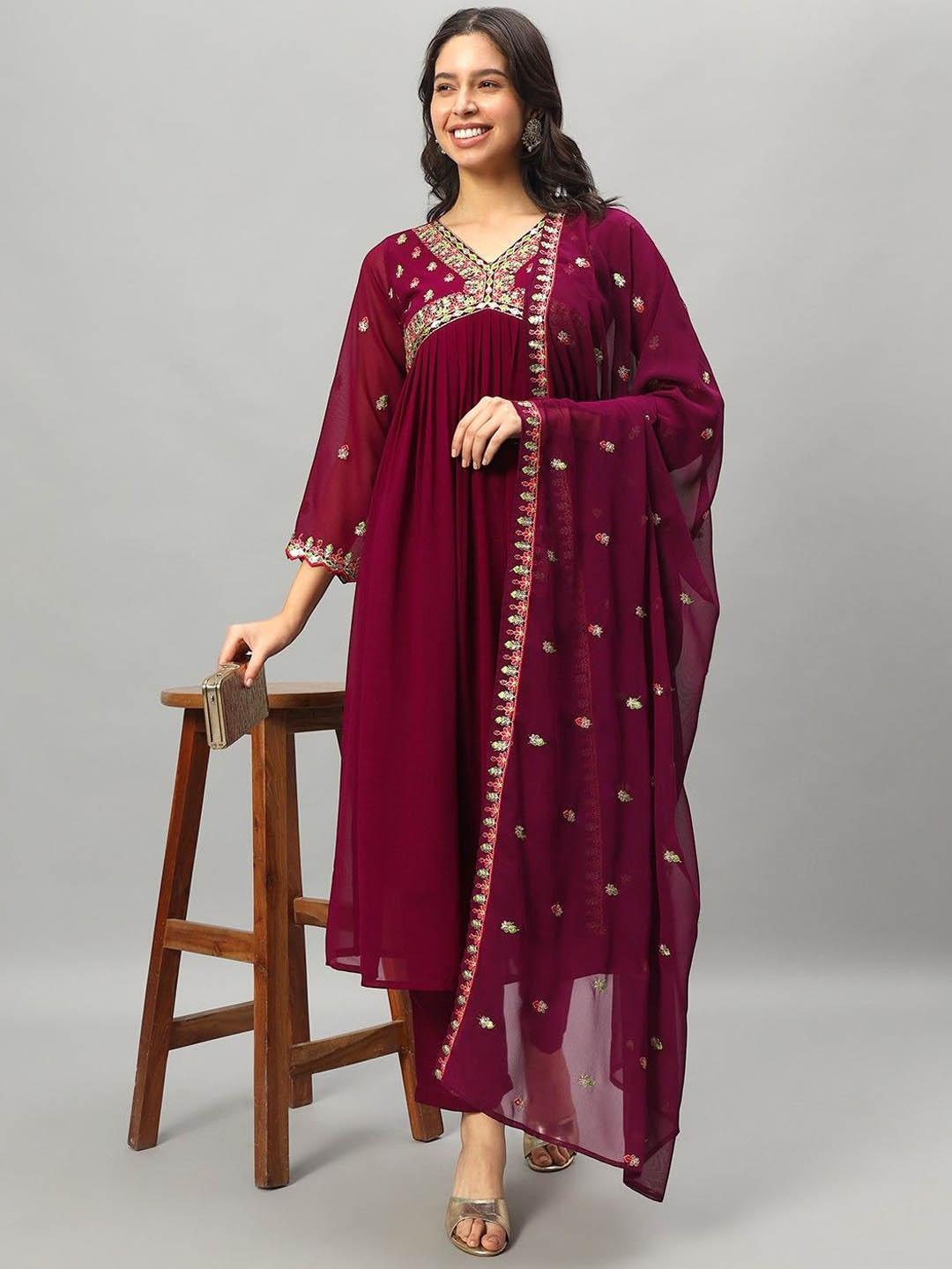 

Growish Women Embroidered Layered Thread Work Kurta with Sharara & With Dupatta, Maroon