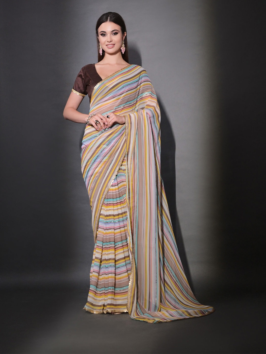 

Globon Impex Pure Georgette Striped Sequinned Embellished Festive Saree, Brown