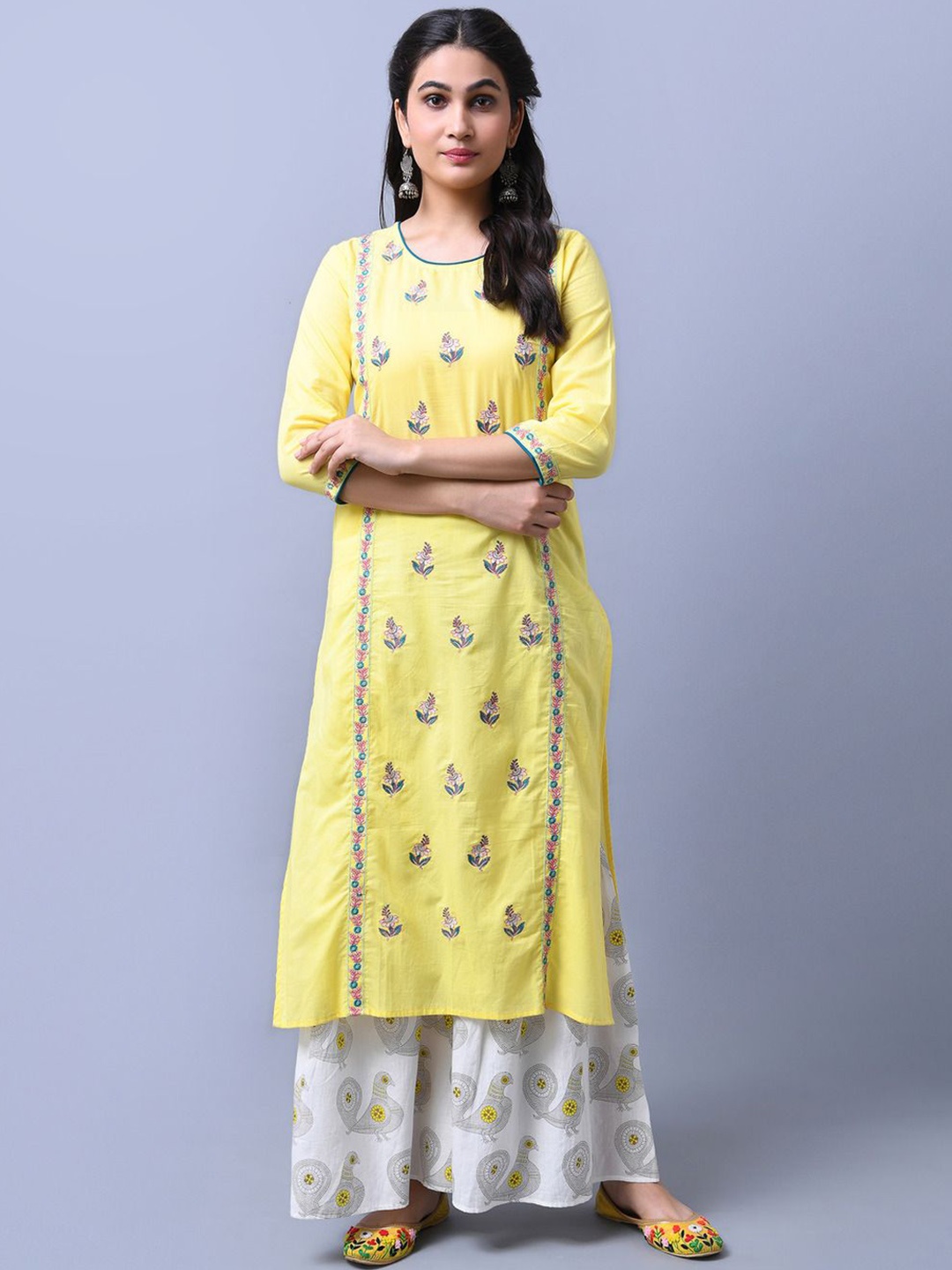 

Anouk Women Floral Embroidered Regular Thread Work Kurta with Sharara, Yellow