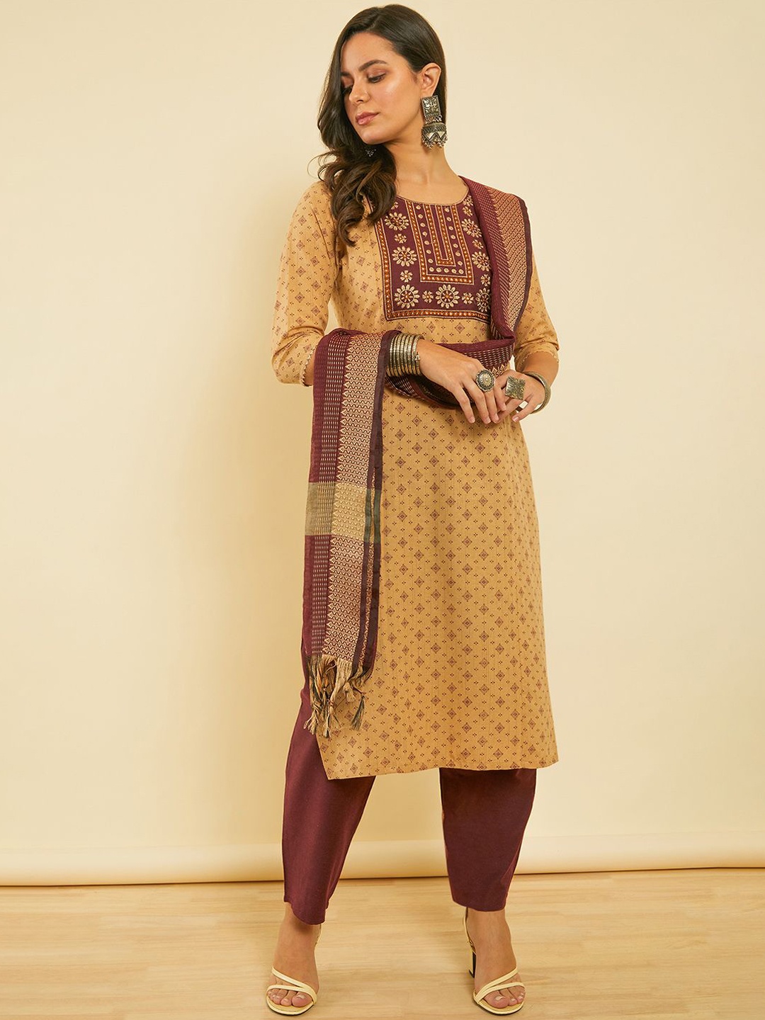 

Soch Women Printed Panelled Mirror Work Kurta with Trousers & With Dupatta, Beige