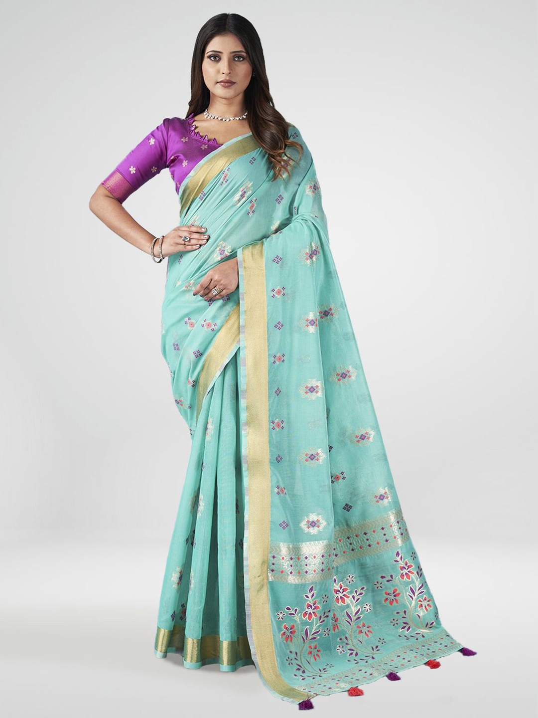 

Aura Floral Ethnic Motifs Zari Pure Cotton Saree, Sea green