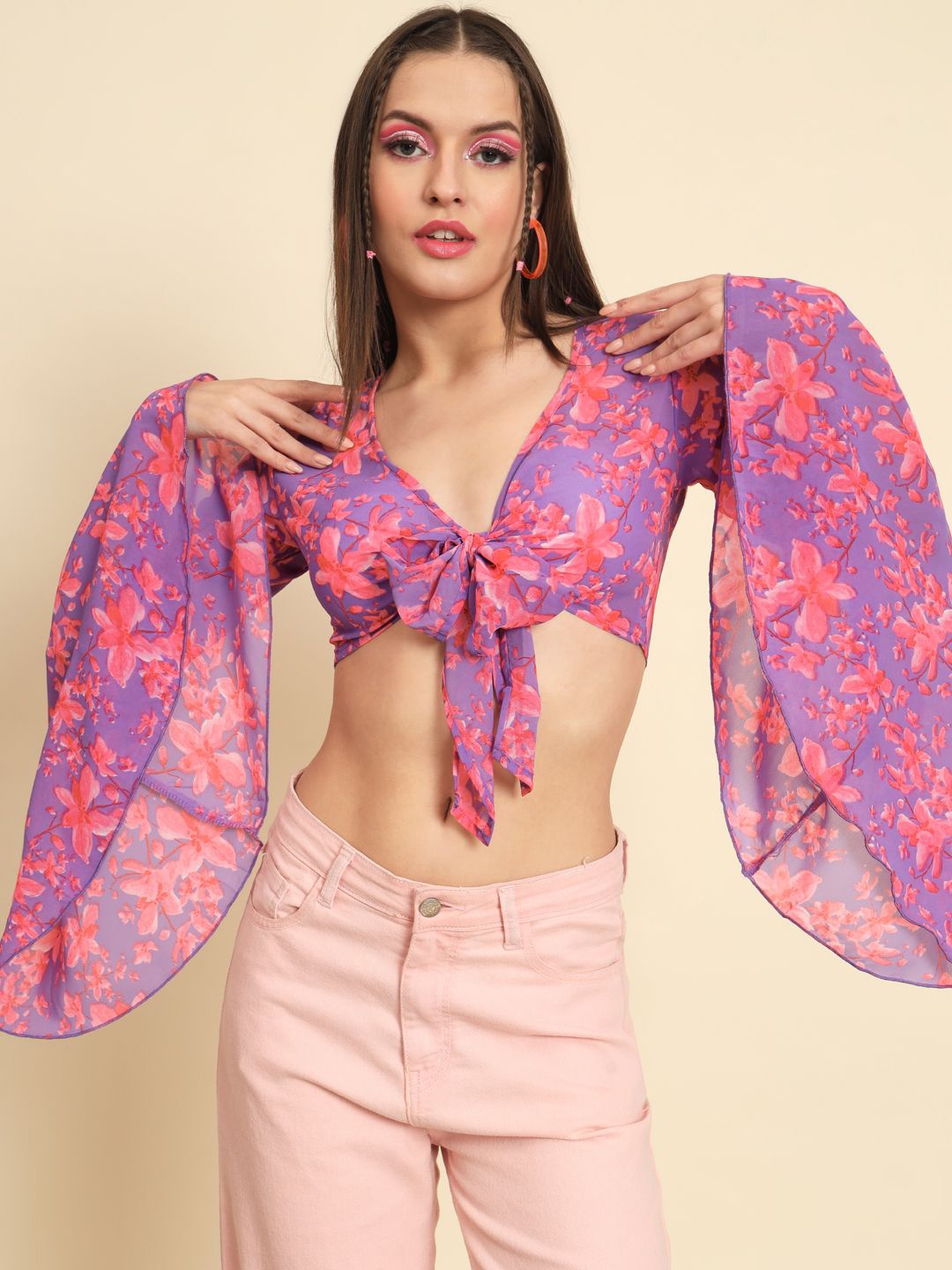 

TANDUL Floral Print Cape Sleeve Georgette Crop Top, Multi