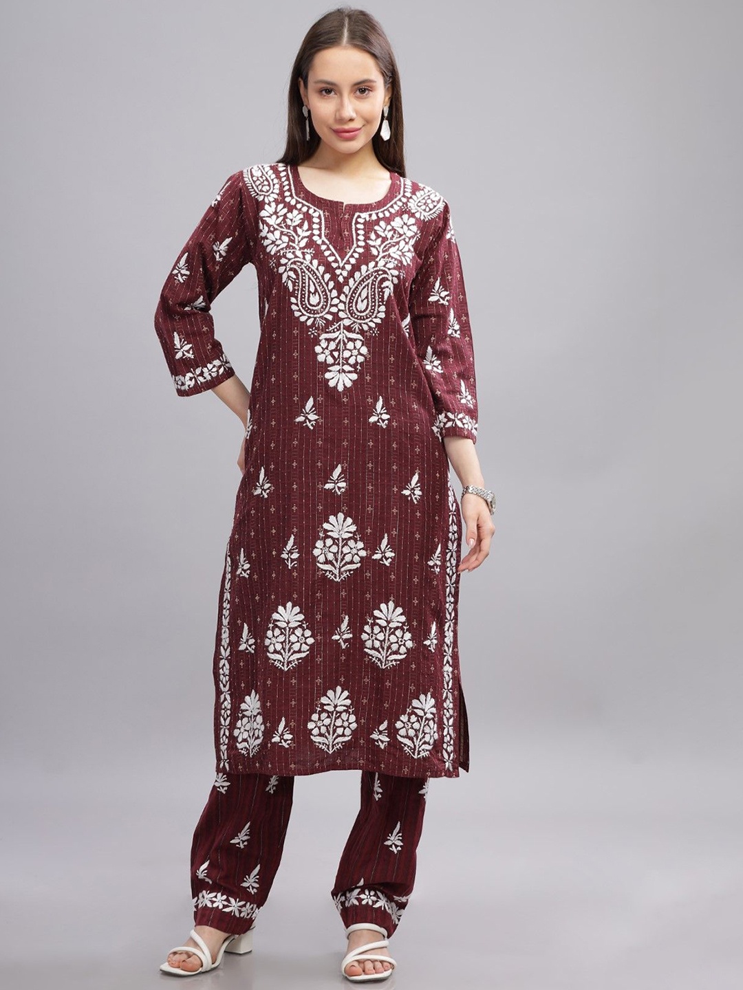 

THE VASILIKI Embroidered Notch Neck Thread Work Pure Cotton Straight Kurta With Trousers, Brown