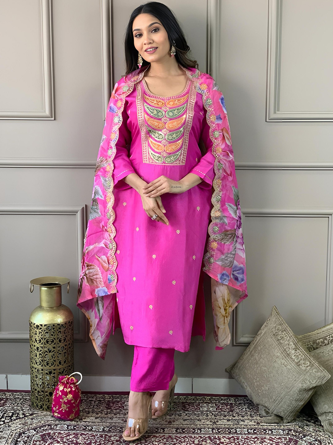

KALINI Women Ethnic Motifs Embroidered Regular Thread Work Chanderi Silk Kurta with Trousers & With Dupatta, Pink