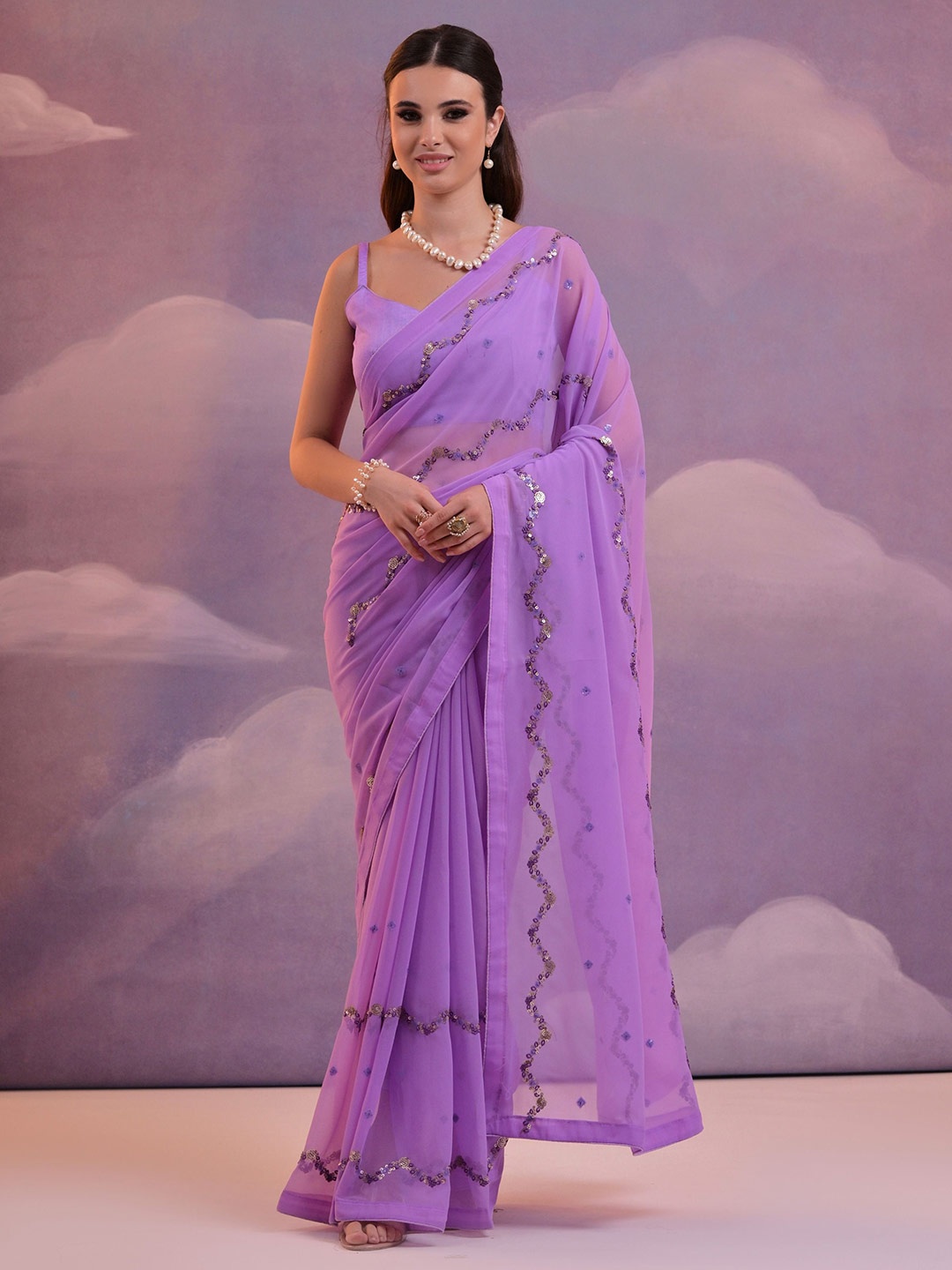 

Globon Impex Embellished Sequinned Pure Georgette Saree, Lavender