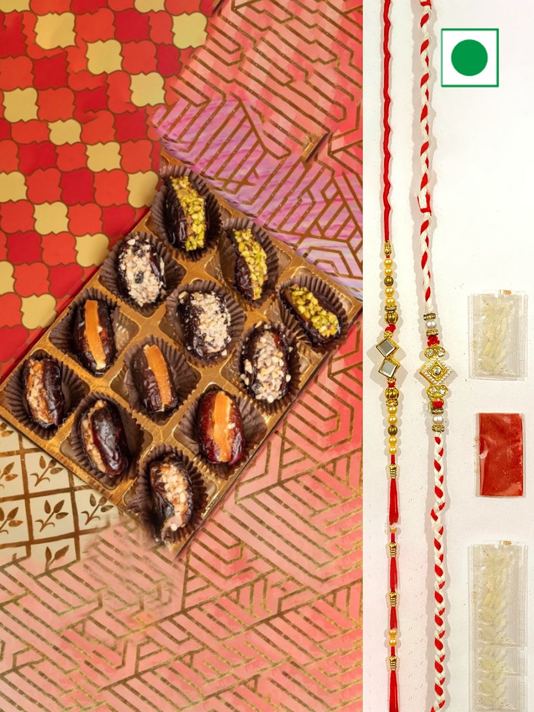 

Wishbox Set Of 2 Rakhis Sweet Mix Dates, Tikka & Chawal Assorted Gifts, Brown