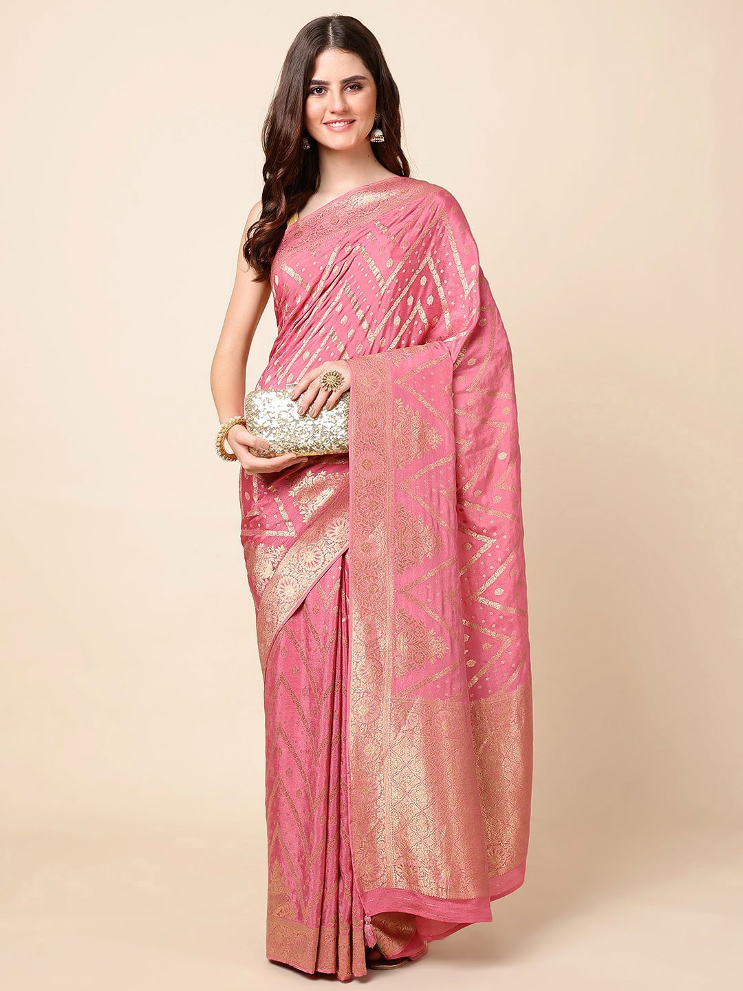 

Meena Bazaar Geometric Zari Woven Saree, Peach