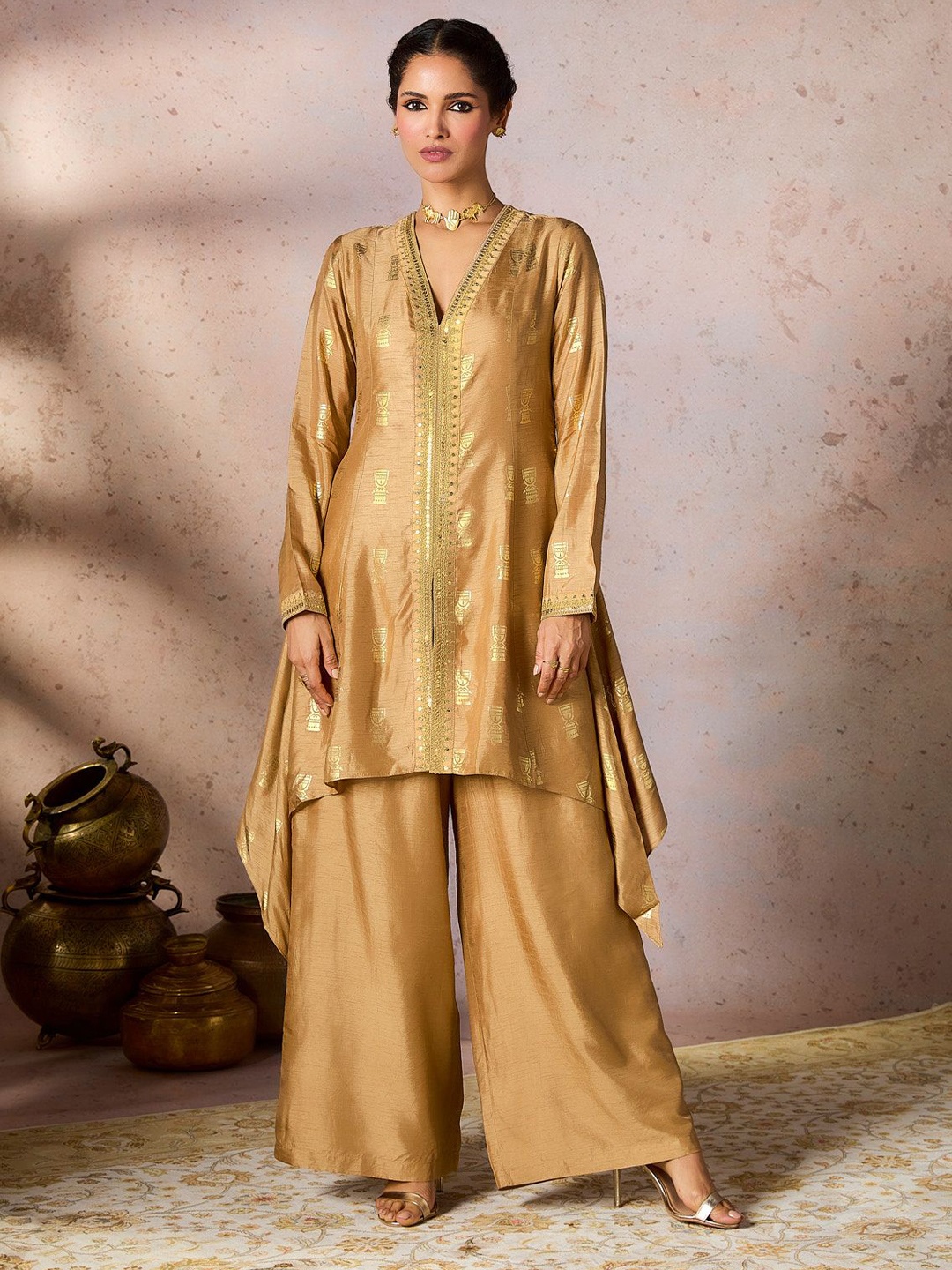 

Masaba Printed With Sequin Embellished Kurta With Trousers, Beige