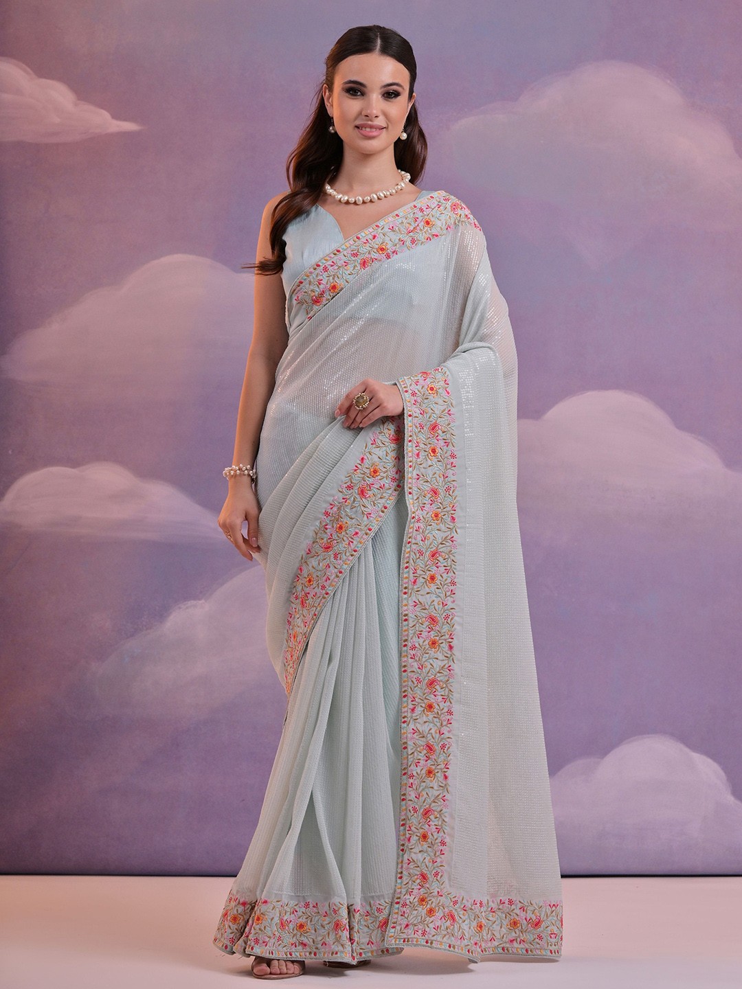

Globon Impex Floral Sequinned Pure Georgette Saree, Blue