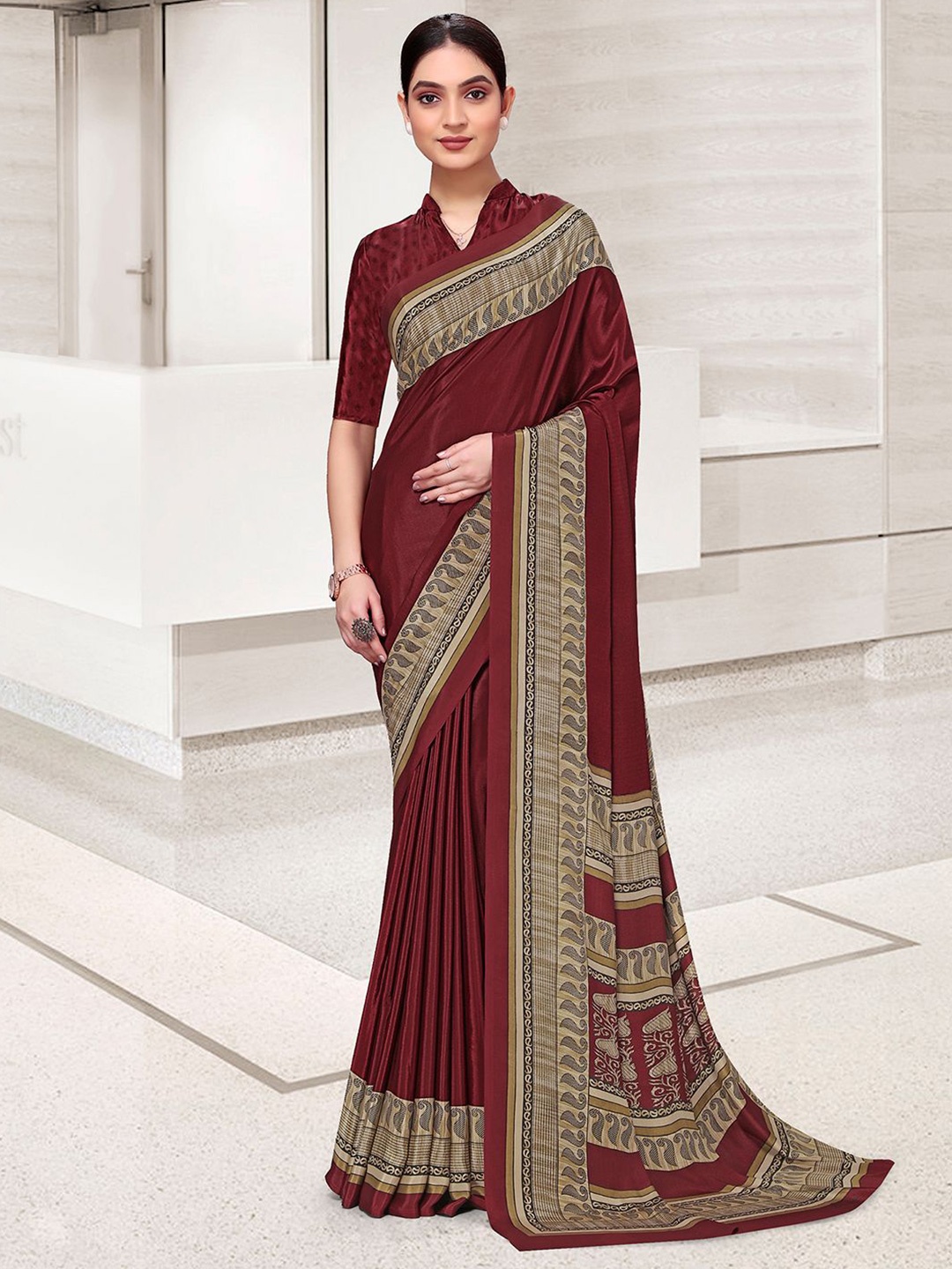 

Mitera Ethnic Motif Pure Crepe Saree with Blouse, Maroon